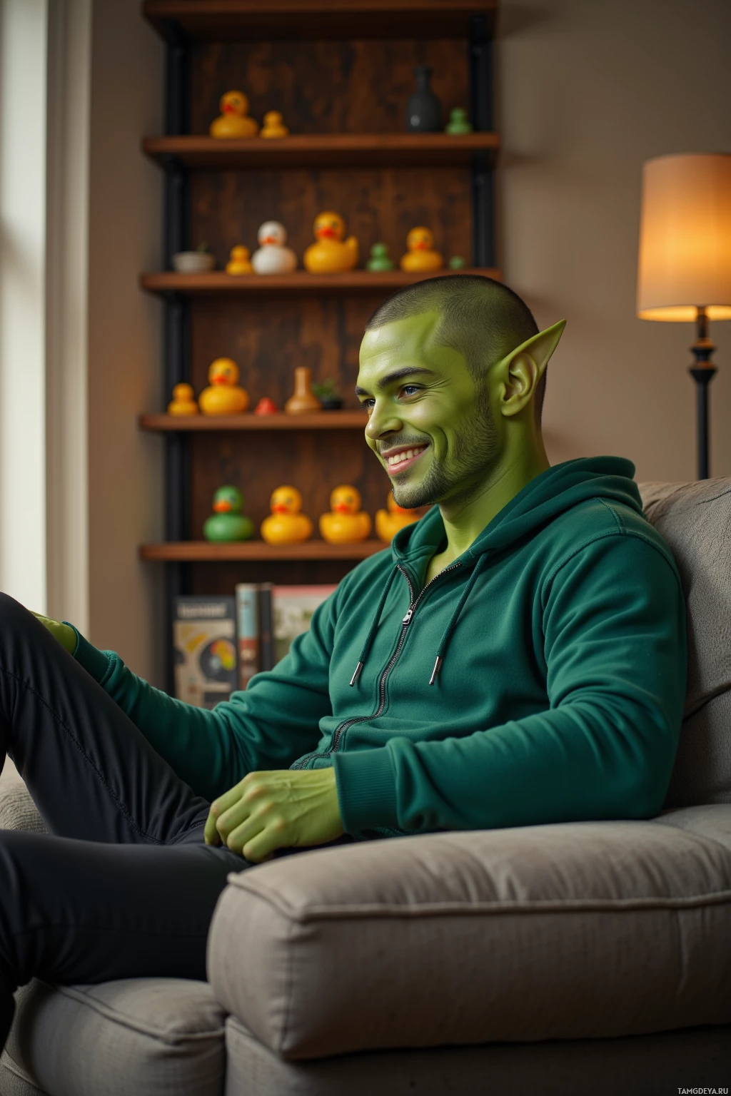Realistic high quality photo. A tall 29‑year‑old man with a shaved head, green skin, bright blue eyes, wide grin, olive skin, wearing a green hoodie with ogre ears, lounging on a squeaky sofa in a modern living room surrounded by a shelf of vintage rubber duckies, exuding a relaxed, meme‑loving vibe under soft evening lighting.