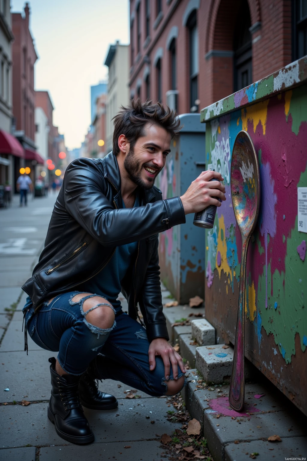 Realistic high quality photo. Man, 27, dark messy hair, piercing blue eyes, pale skin, sharp jawline, wearing a ripped black leather jacket, distressed jeans, heavy black boots, laughing while spray‑painting vivid colors onto a metal spoon sculpture on a dumpster in a gritty alley at dusk, the city streets behind him, mood raw, rebellious and unapologetic.