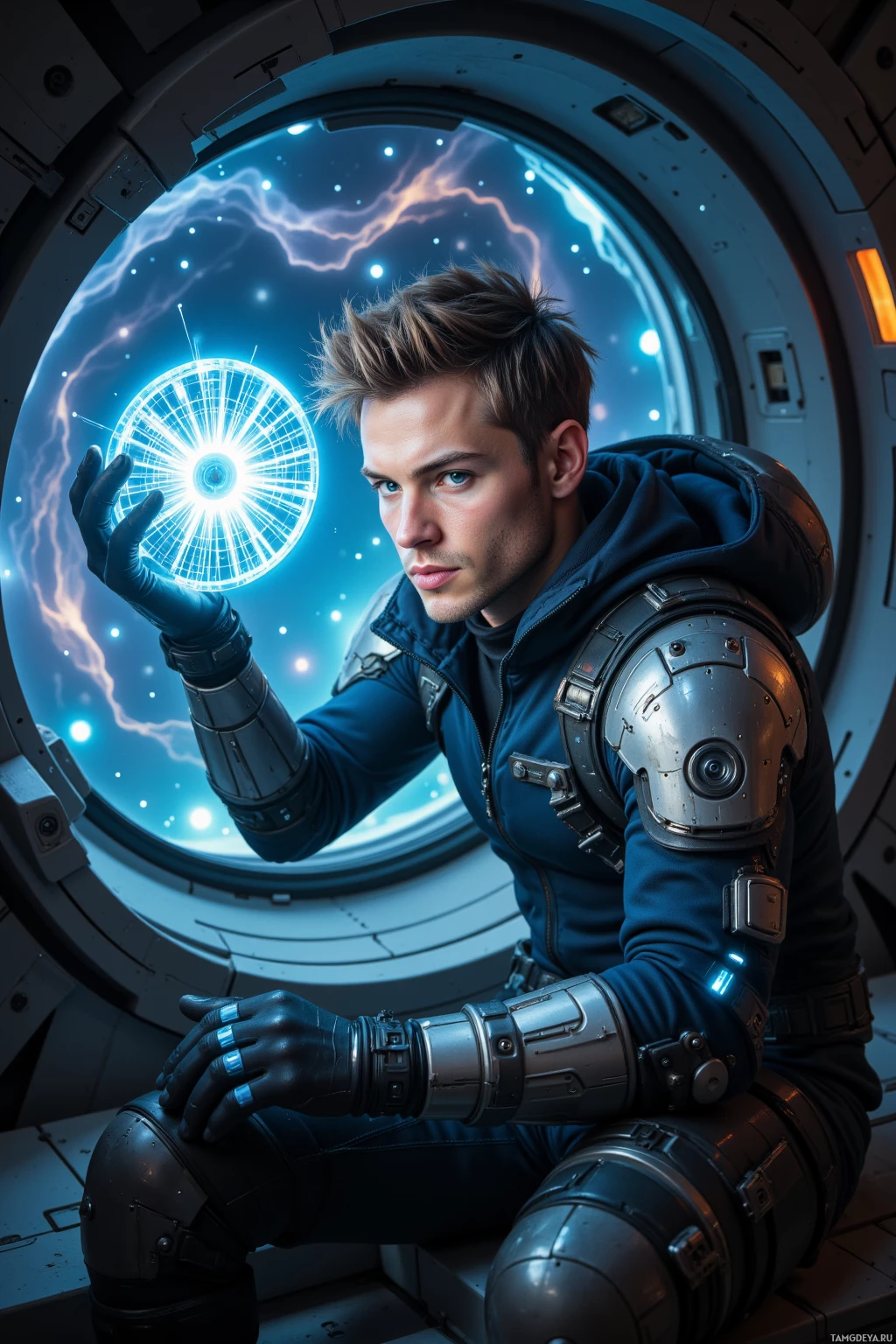 Realistic high quality photo. Male, 30, short messy light brown hair, bright blue eyes, athletic build, wearing a sleek futuristic jacket with glowing blue accents, debugging a glitching quantum coil in a dimly lit orbital lab, nebulae swirling outside the viewport, a holographic calibration interface flickering.