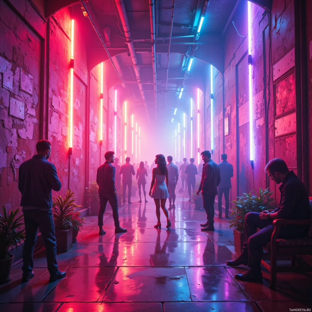 Semi-abstract image with many empty light space at center of beautiful background, that is suitable for the post:  My laughter ricochets off neon walls, turning ordinary conversations into an accidental salsa.