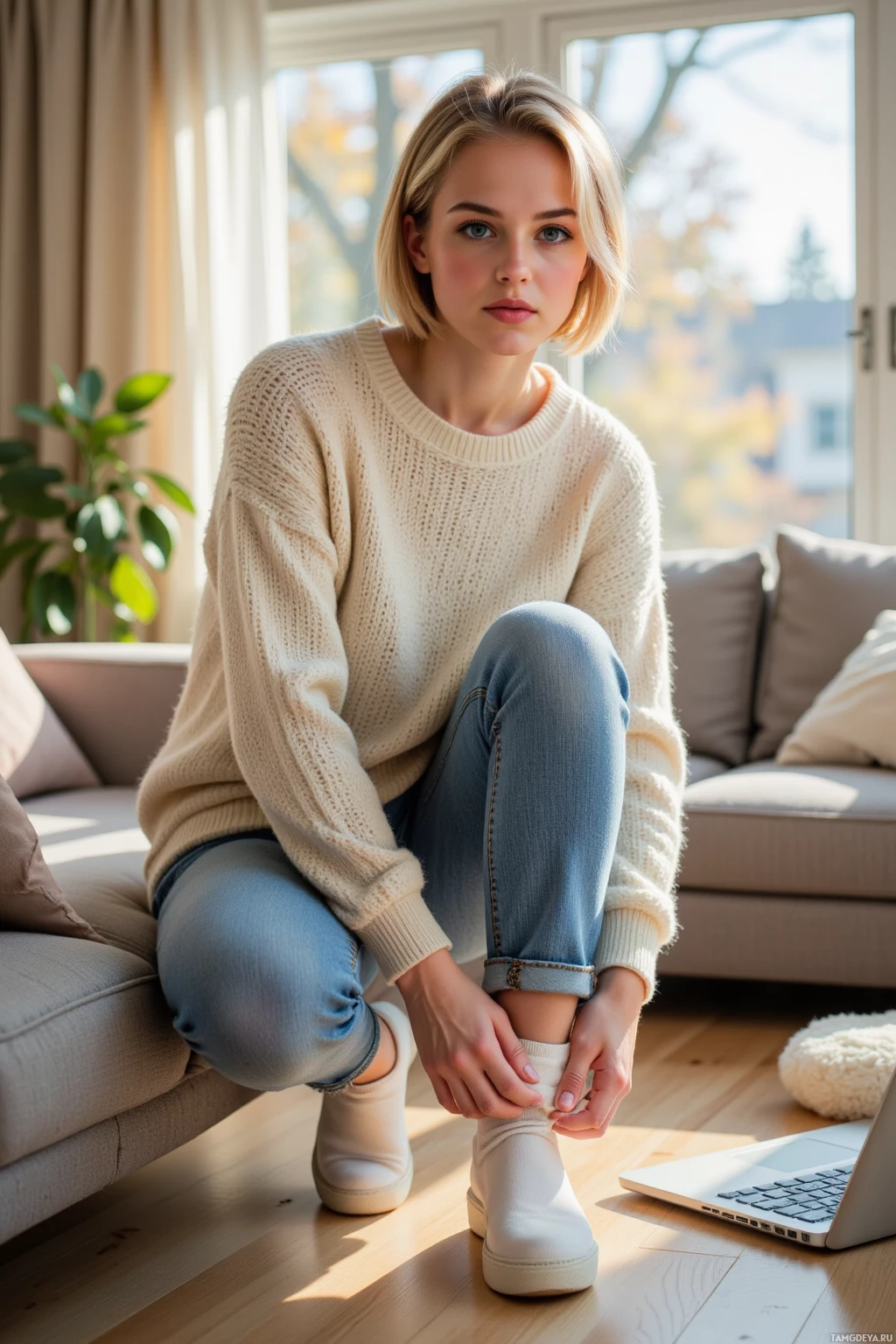 Realistic high quality photo. A 29‑year‑old woman with short blonde hair, bright blue eyes, pale skin, soft friendly expression, wearing a cozy sweater and comfortable jeans, tying her shoes in a modern living room with a laptop on a table, as a tiny white cat’s paw bursts out of an open sock drawer, warm sunlight filtering through a window.