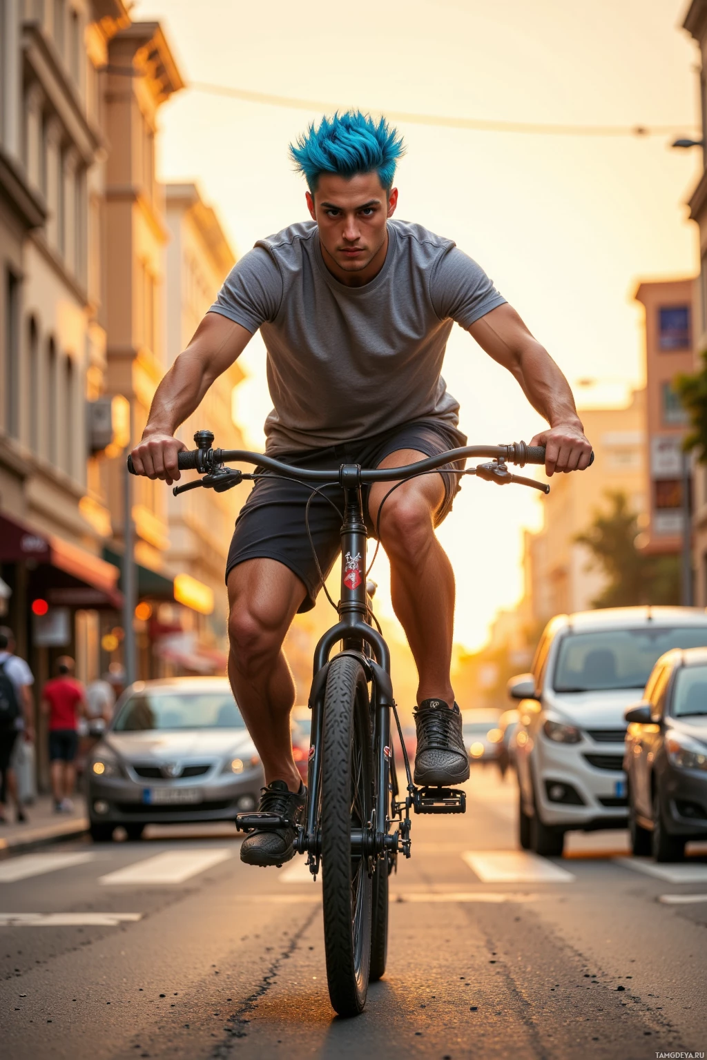 Realistic high quality photo. A 20‑year‑old athletic male with spiky blue hair, vibrant blue eyes, sun‑kissed skin, wearing a fitted t‑shirt and athletic shorts, riding a bike in reverse while executing a perfect back‑flip on a sunlit city street at sunset, with cars passing, realistic modern realism.
