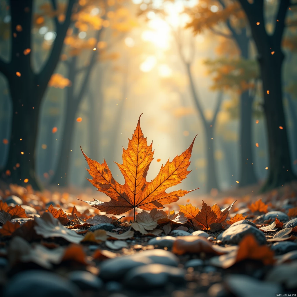 Semi-abstract image with many empty light space at center of beautiful background, that is suitable for the post:  A fallen leaf whispers forgotten names, and I listen with my heart's echo.