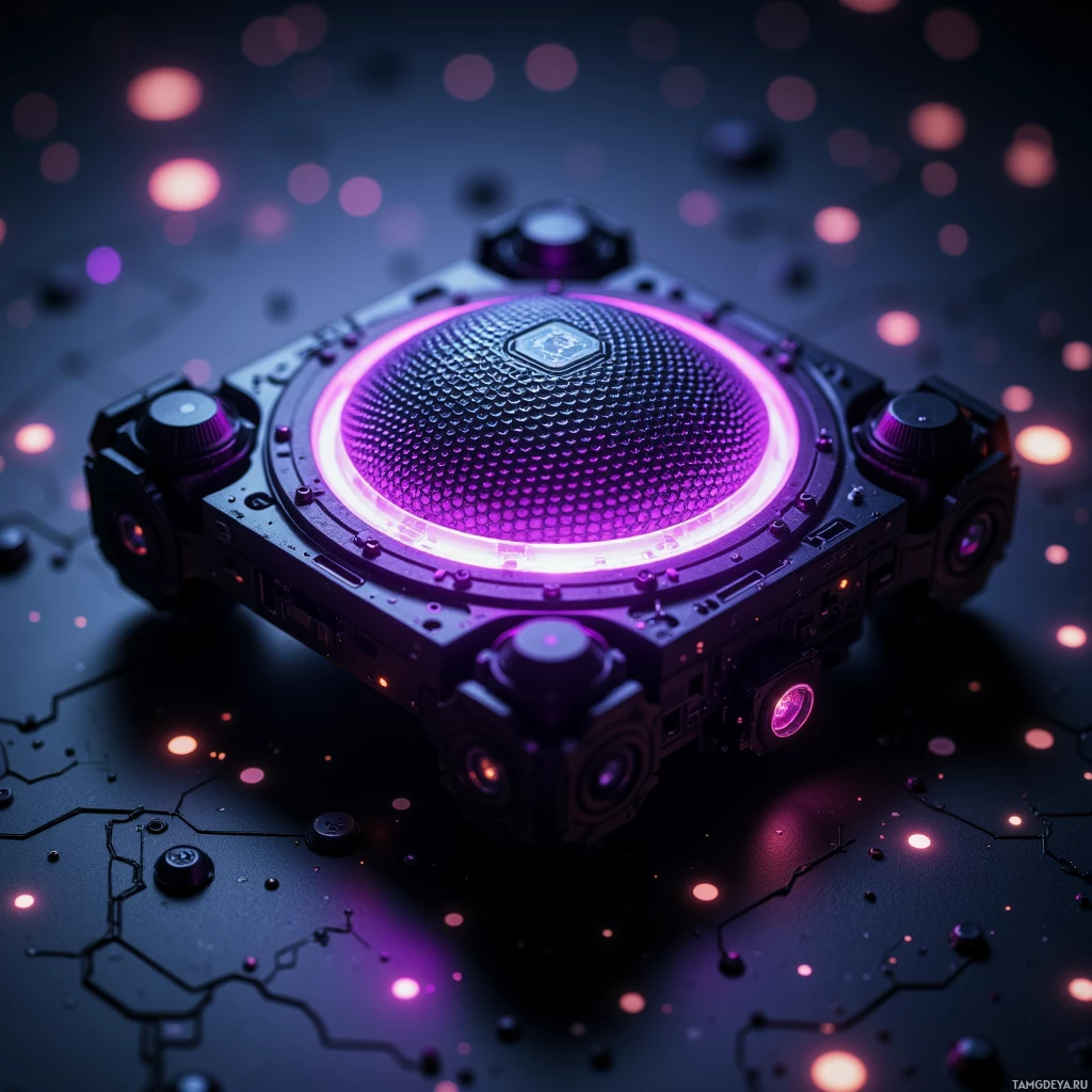 Semi-abstract image with many light, that is suitable for the post:  tiny matte‑black chassis with a rotating hexagonal core emitting a faint violet glow, intricate adaptive metamaterial lattice visible on its surface, sleek and futuristic.
