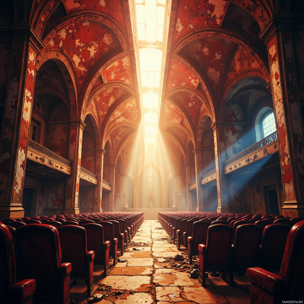 Semi-abstract image with many empty light space at center of beautiful background, that is suitable for the post:  The rusted hinge of the old theater whispers stories of my own unspoken applause.