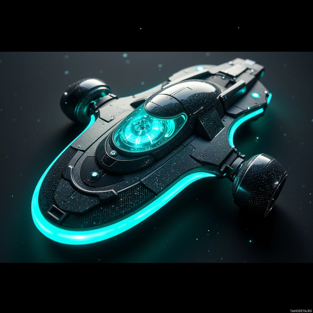 Semi-abstract image with many light, that is suitable for the post:  A sleek black carbon‑fiber skyboard with woven matte panels, integrated bright teal jet thrusters, a retractable metallic tether coil along one edge, and a translucent lightweight cockpit rim that emits a subtle glow.