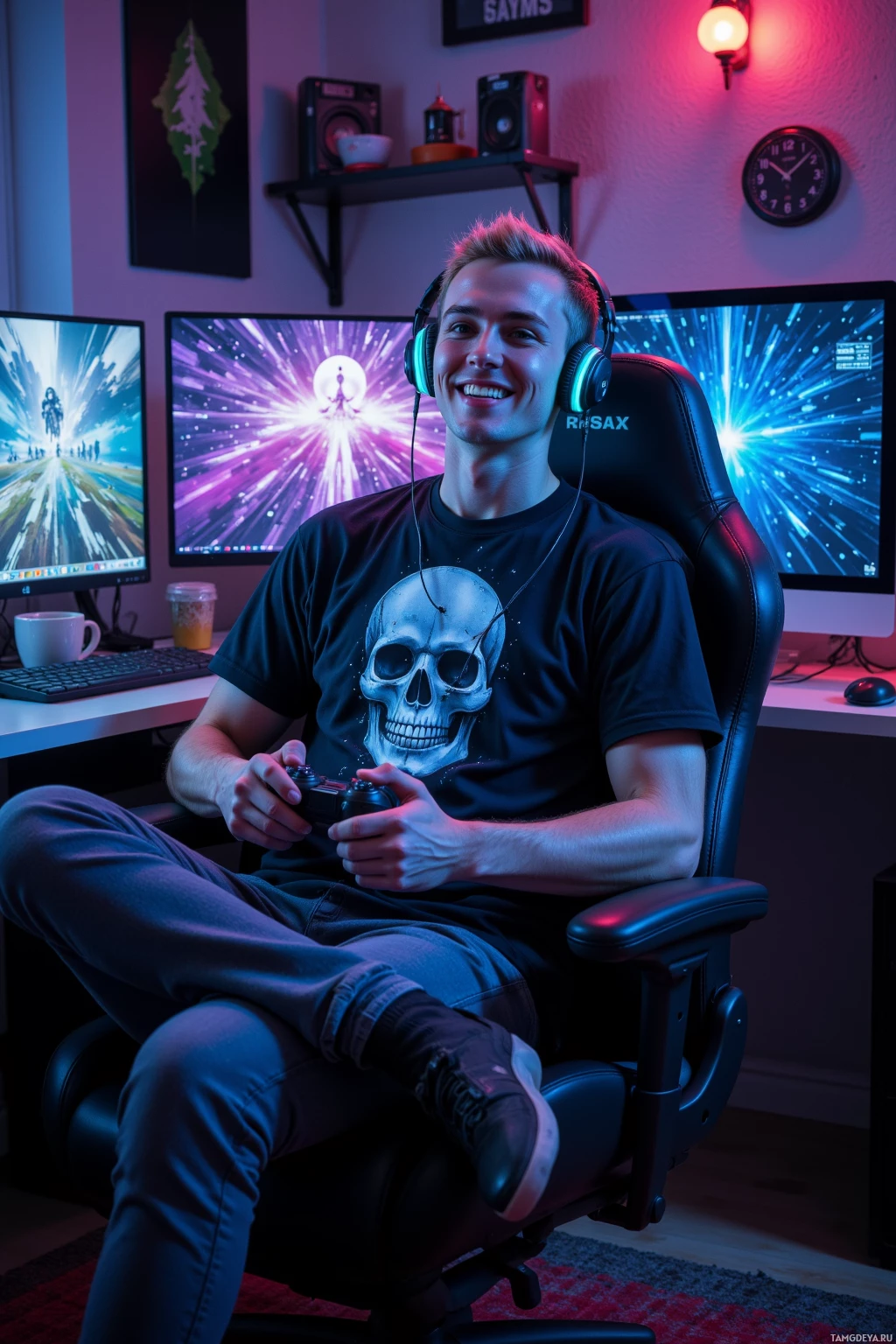 Realistic high quality photo. A 22‑year‑old tall man with short spiky blonde hair, bright blue eyes, pale skin, wearing a pixel skull tee, neon gaming headset and casual pants, sitting in a dark bedroom at 2 a.m., on a sleek gaming chair surrounded by monitors displaying glitchy exploded map pixels, holding a controller and laughing as steam curls from his coffee mug.