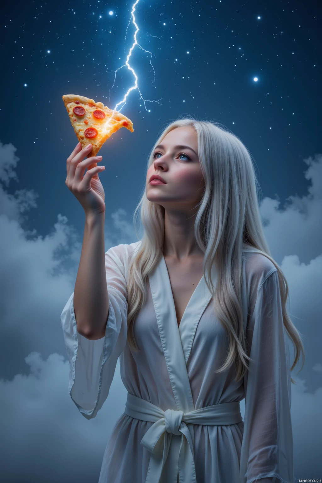 Realistic high quality photo. A 27‑year‑old woman with long silver hair, soft blue eyes, pale skin, wearing a translucent robe, stands in gentle nighttime fog under a starlit sky, one hand raising a glowing pizza slice that floats toward a bright constellation while she maintains a calm, introspective expression.
