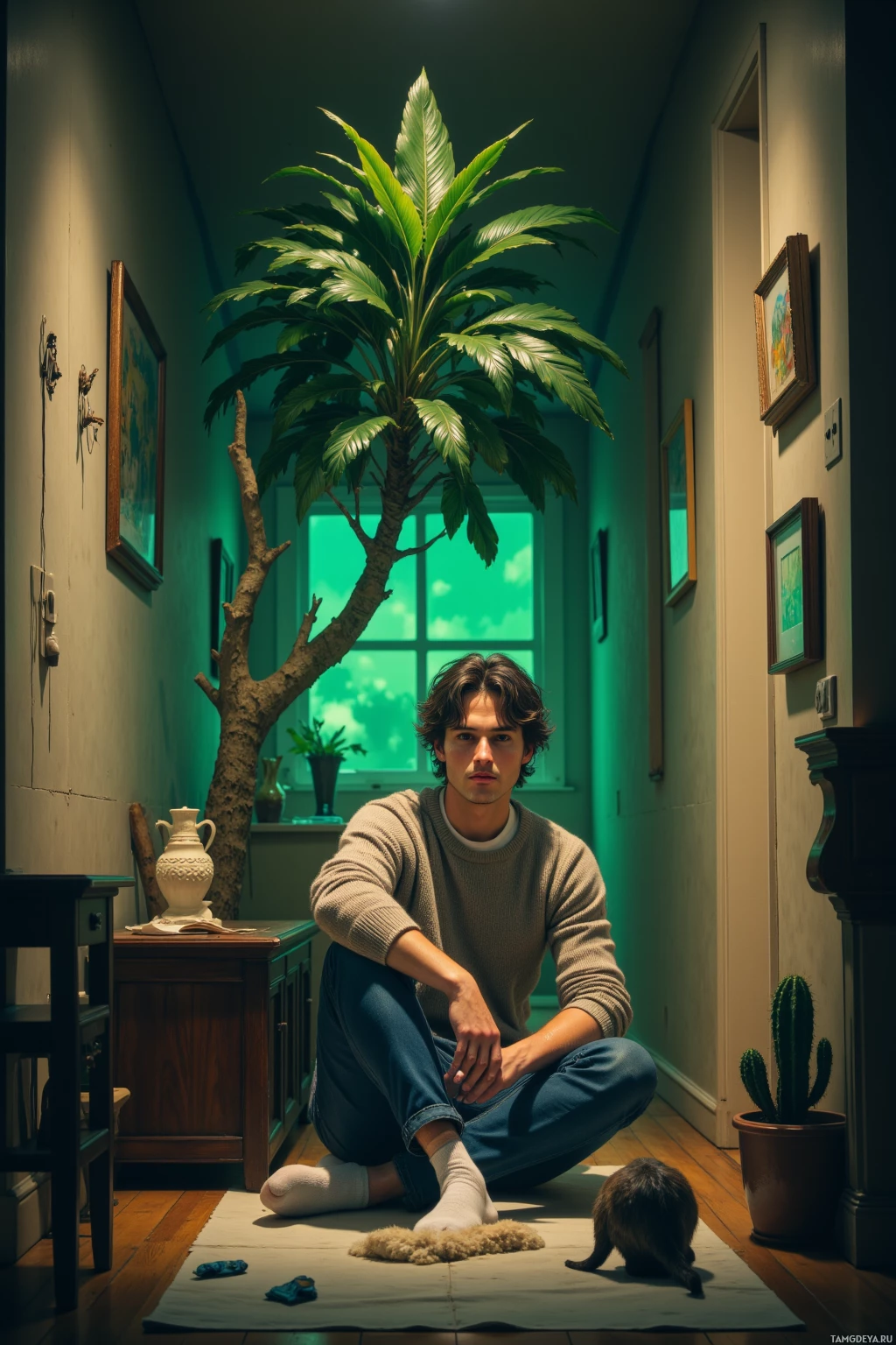 Realistic high quality photo. A 35‑year‑old man with dark hair, blue eyes, pale skin, wearing a simple sweater and jeans, sits in a living‑room hallway with flickering lights, debating the green of a plant, while a cat watches, a forgotten sock lies on the floor, a cactus sits on a side table, and he scribbles on a napkin.