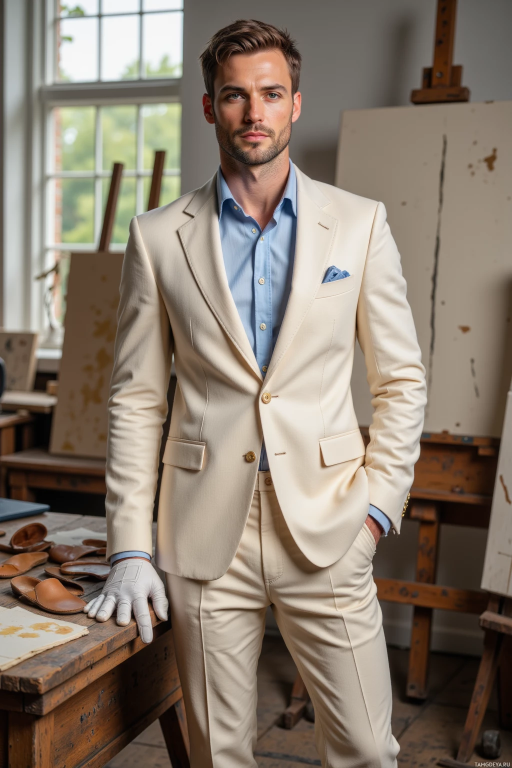 Realistic high quality photo. Man, 34, short light brown hair, green eyes, wearing a tailored ivory suit and pale blue shirt with white leather gloves, standing in a modern shoe design studio surrounded by canvases with uneven lines, scattered old leather scraps, vintage soles on a wooden table, focused expression under natural daylight streaming through large windows.