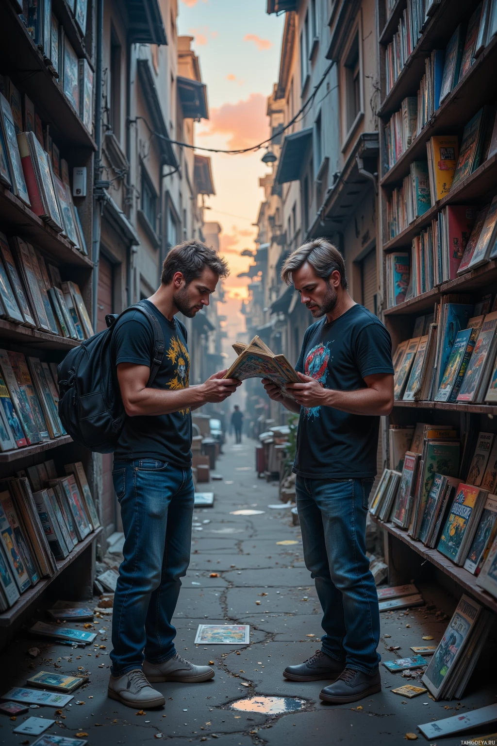 Realistic high quality photo. A 30‑year‑old male with light brown messy short hair, bright blue eyes, pale skin, wearing a black graphic t‑shirt, worn jeans and scuffed canvas shoes flips open a half‑busted comic cover in an abandoned alleyway lined with dusty shelves of old comics, exchanging pages with an older friend while twilight light filters through cracked walls.
