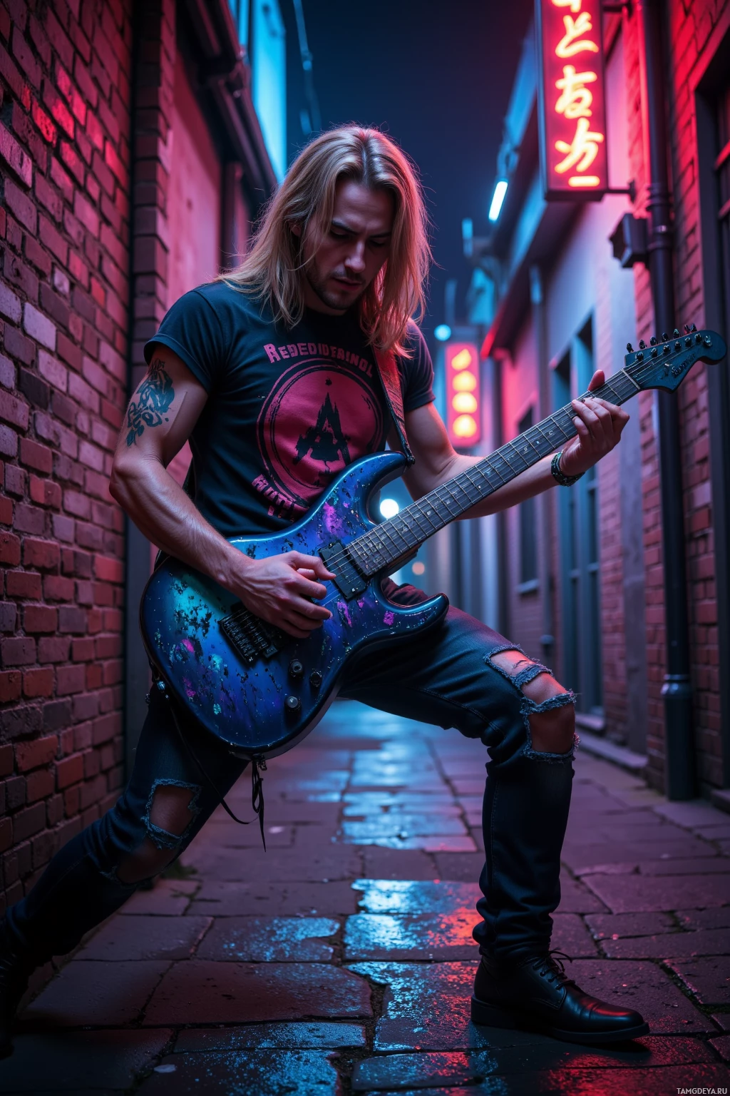 Realistic high quality photo. A rugged 33‑year‑old male with long blonde hair, piercing blue eyes, pale skin, strong jawline, wearing a faded band t‑shirt and jeans, passionately playing a scarred neon‑painted electric guitar in a dimly lit brick alley at night, with subtle neon reflections on wet pavement and the distant city hum in the background.