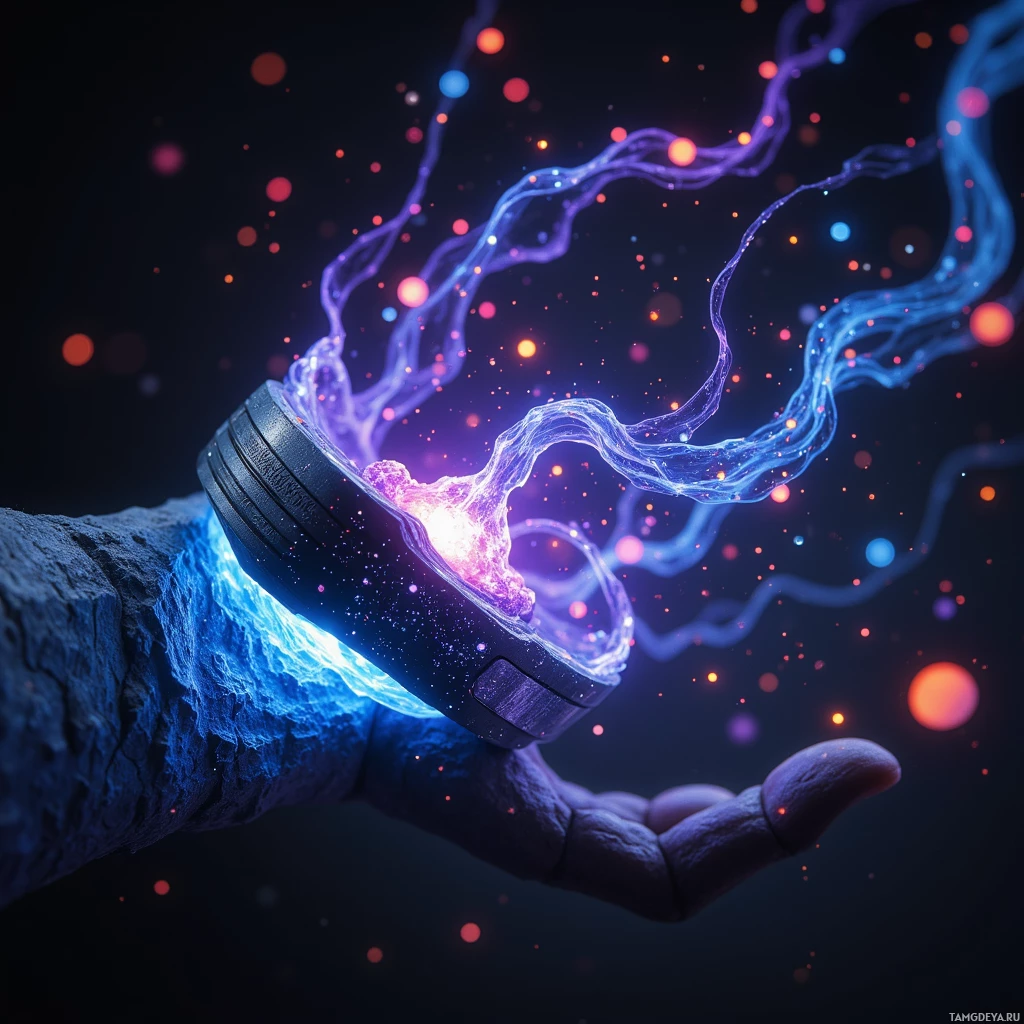 Semi-abstract image with many light, that is suitable for the post:  Wrist‑mounted nano‑sculpting device with a matte black titanium shell etched with faint constellation motifs, a softly glowing violet core, and emanating shimmering filaments that pulse and shift colors while projecting complex 3‑D holographic shapes into the surrounding air.