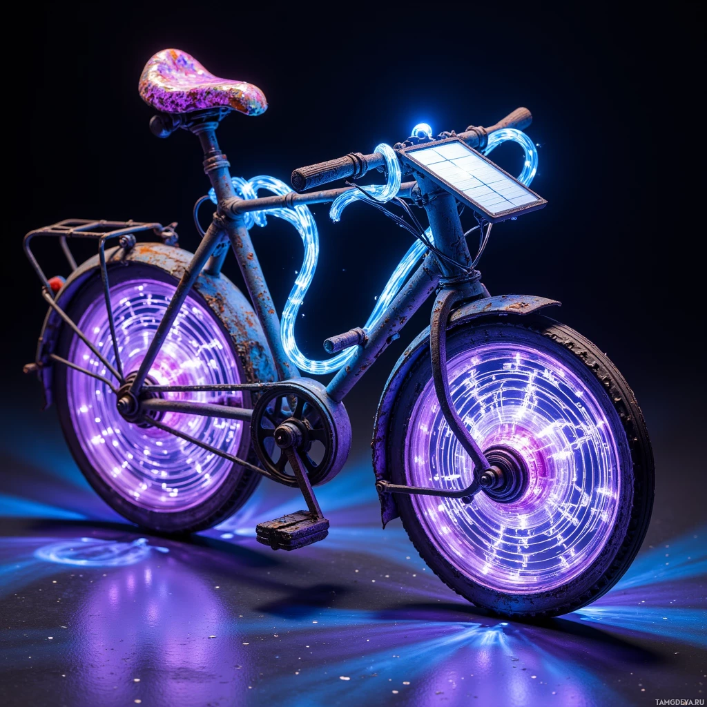 Semi-abstract image with many light, that is suitable for the post:  A rusty scrap bicycle frame turned kinetic lantern, with tattered skateboard wheels, twisted blue‑purple fiber‑optic cables, a hand‑crank feeding a tiny solar panel, all glowing in rippling electric hues when spun.