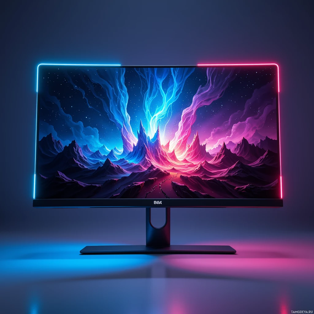 Semi-abstract image with many light, that is suitable for the post:  Sleek 27-inch OLED gaming monitor with a matte anti-glare glass panel, crisp 4K pixels, subtle chrome alloy frame, built-in RGB strip around the bezel, and an ergonomic adjustable stand.