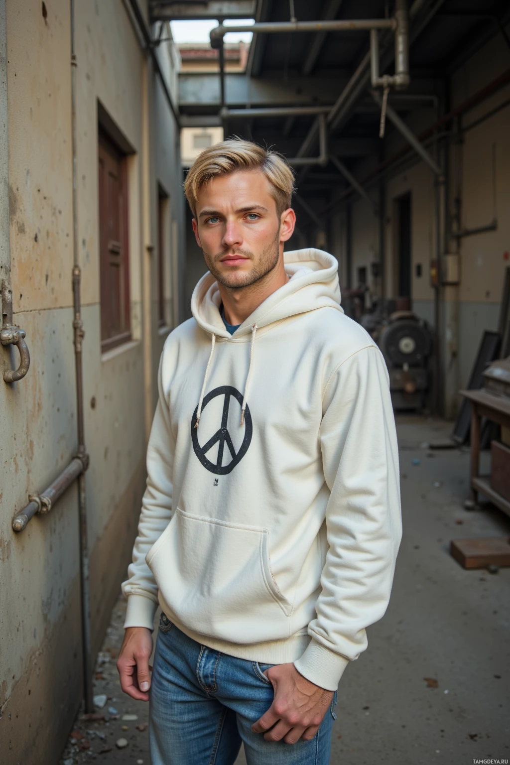 Realistic high quality photo. A 32-year-old man with short blonde hair, soft blue eyes, pale skin and gentle features, wearing a plain white hoodie with a peace symbol and giving a subtle thumbs-up, standing calmly in the corner of an old factory back alley at afternoon surrounded by dusty concrete walls and the steady hum of machinery.