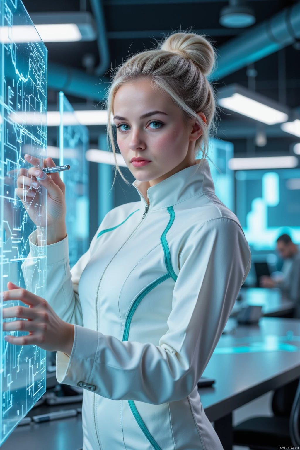 Realistic high quality photo. Female 28, silver‑haired updo, piercing green eyes, glowing skin, wearing a flowing white jumpsuit with subtle blue accents, stands in a high‑tech laboratory with floating zero‑point sensor arrays and holographic blueprints, drafting a proposal on a transparent screen while photons swirl around her like a cosmic symphony, her face a mix of determined focus and weary fatigue, a wristwatch ticking visibly, the room humming with advanced energy.