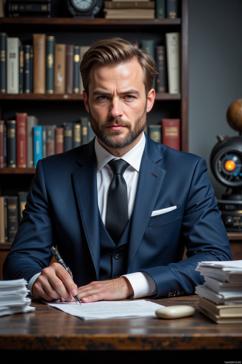 Realistic high quality photo. A 40‑year‑old man with neatly combed light brown hair and beard, wearing a tailored navy blue suit, crisp white shirt, and slim black tie, sits in a modern office study at afternoon, surrounded by layers of paperwork resembling forgotten sci‑fi armor and a humming paradox machine with subtle LED lights, his face showing a mix of restlessness and amused curiosity as he unpacks an argument.