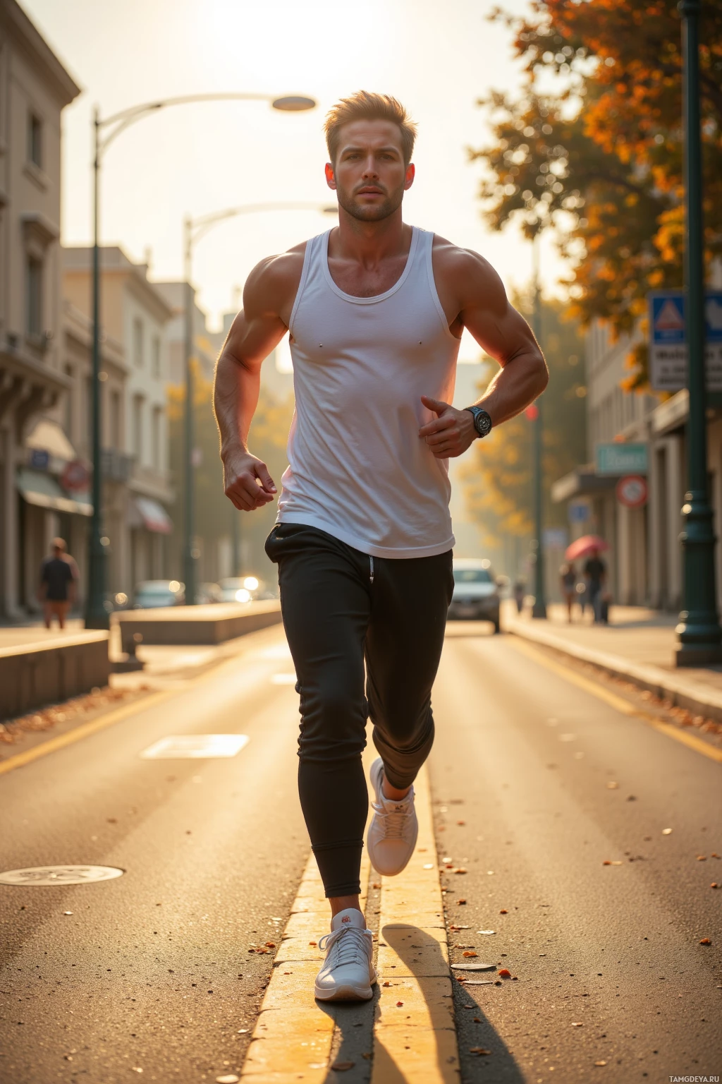 Realistic high quality photo. 30‑year‑old male with short blonde hair and fit build in a fitted white tank top and tapered black sweatpants runs determinedly along sunlit pavement at early morning, long shadows clinging to the surface, focused stride.
