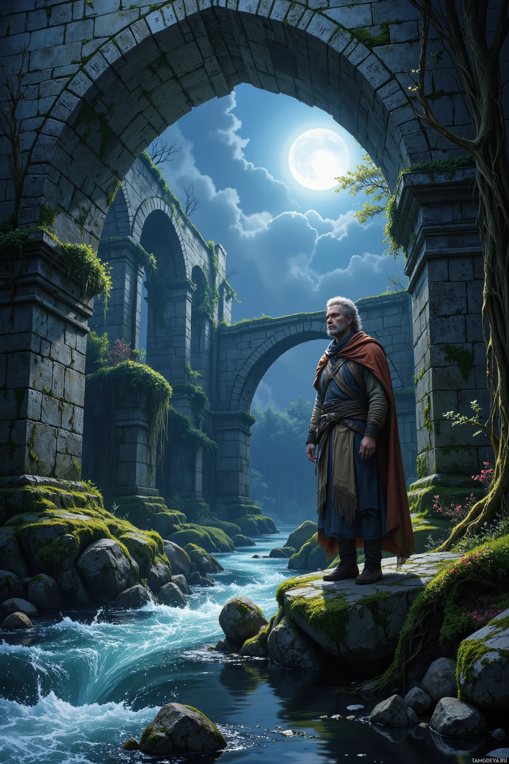 Realistic high quality photo. Nighttime at an ancient stone arch bridge over a softly flowing river under a moonlit sky, a contemplative 38‑year‑old male with graying thinning afro hair and piercing blue eyes, pale skin and rugged features, wearing a worn patched long cloak and earth‑toned layered robes, standing alone tracing moss patterns along rune‑carved banks, surrounded by verdant roots and leaves folding around them, embodying quiet introspection.