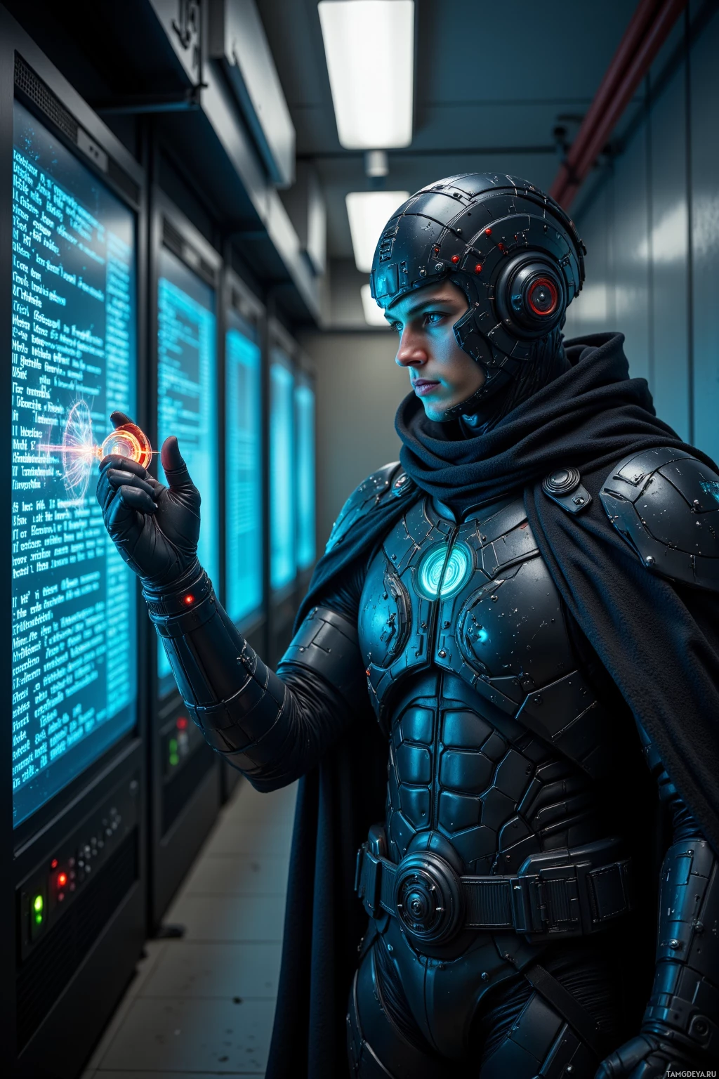 Realistic high quality photo. 34-year-old man with short dark hair, blue eyes hidden beneath shifting digital armor and enigmatic faceplate, wearing a tech‑infused futuristic jumpsuit and code‑pulsing digital cloak, standing in an abandoned server room at twilight, holding a holographic key while a glowing terminal projects cascading lines of code onto the wall.