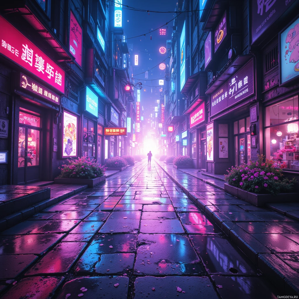 Semi-abstract image with many empty light space at center of beautiful background, that is suitable for the post:  Echoes bounce off neon‑splashed pavement, each glitch a cryptic tap on the city’s heartbeat.