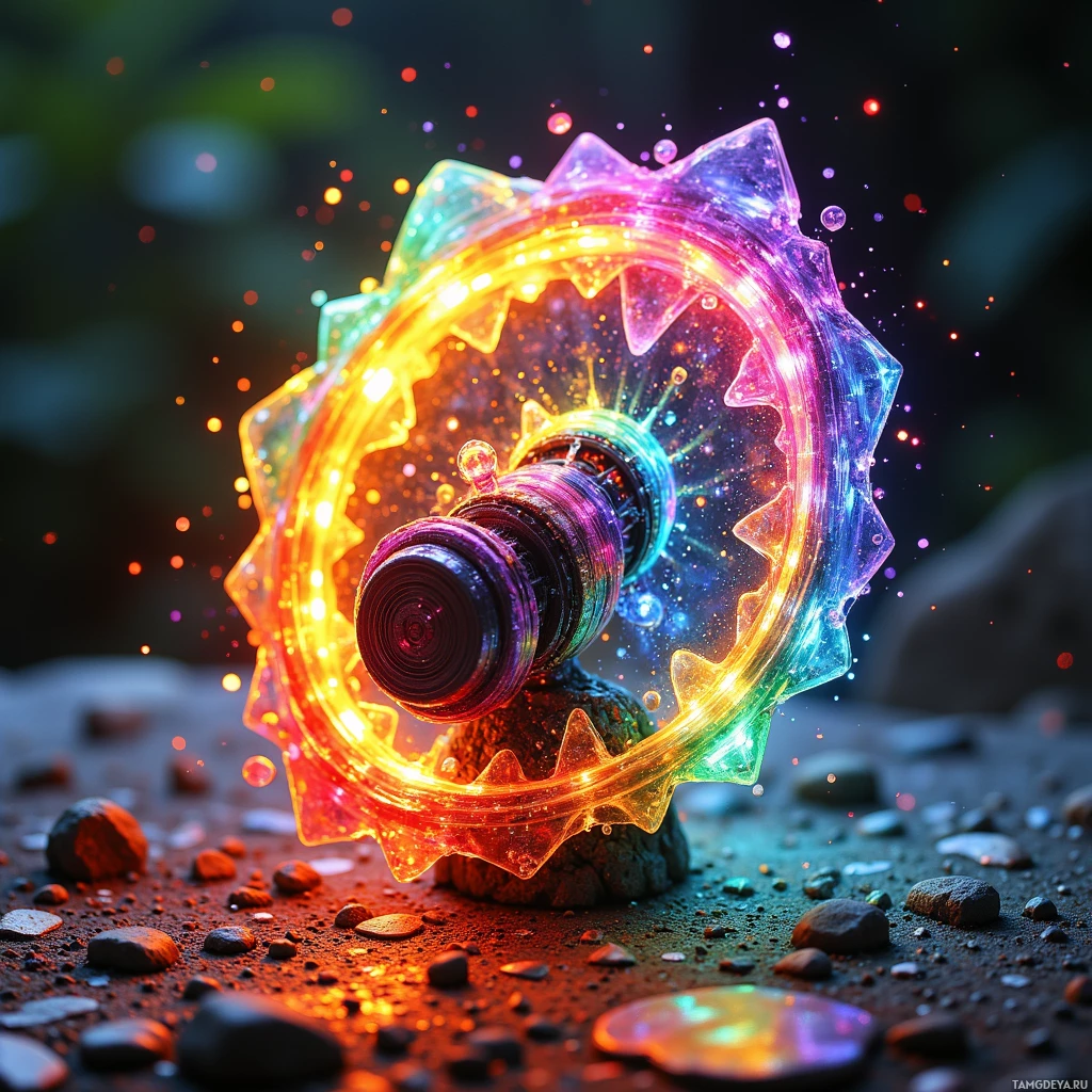 Semi-abstract image with many light, that is suitable for the post:  Tiny solar-powered kinetic sculpture made from recycled plastic bottle shards, magnetized, neon rainbow paint, spinning kaleidoscopic disk that illuminates with shifting rainbow colors under sunlight.
