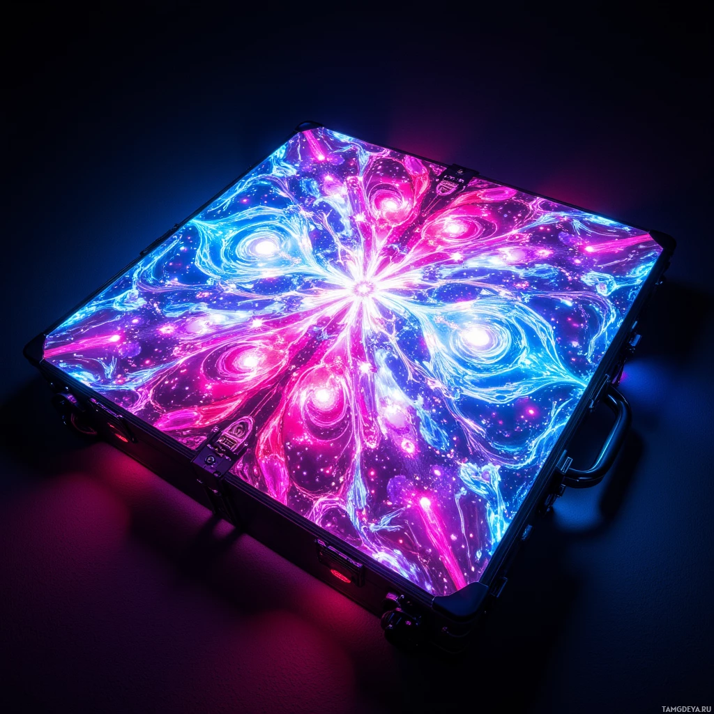Semi-abstract image with many light, that is suitable for the post:  Foldable holographic dance floor made of translucent panels that pulse with swirling neon colors, embedded sensor filaments glowing in dynamic sound‑responsive patterns, collapsible into a sleek black suitcase.