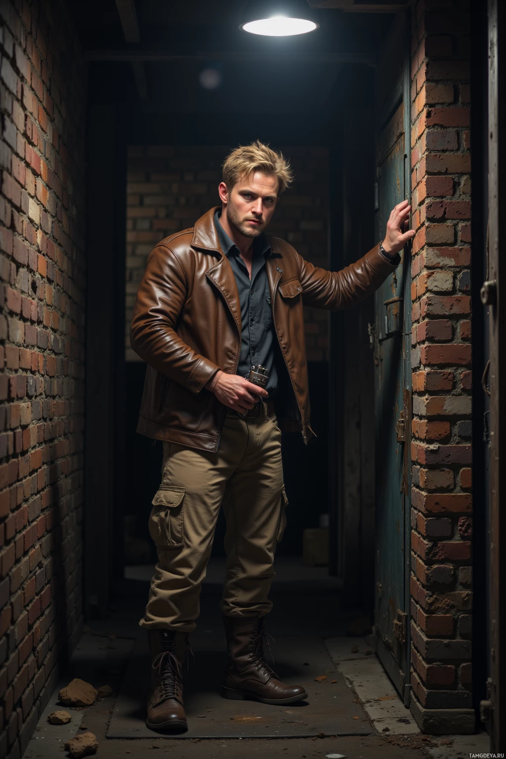 Realistic high quality photo. 29‑year‑old rugged man with tousled blonde hair, blue eyes, wearing a weathered brown leather jacket over a dark shirt, scuffed boots and practical trousers, stands in a dimly lit warehouse alley at night, holding a small lock‑picking device, inspecting a rusted hatch amidst old brick walls and damp concrete.
