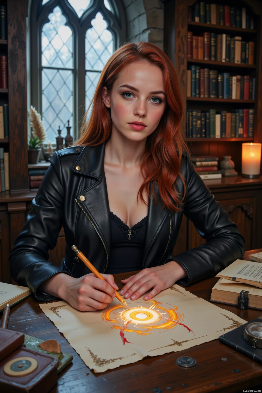 Realistic high quality photo. Woman, 27, ruby‑red hair, bright green eyes, porcelain skin, wearing a sleek black leather jacket, high‑waisted dark jeans, chunky boots, seated at a wooden desk in a dimly lit fantasy study, moonlit window casting silver light, tracing an inked feather pattern that curls into a glowing portal on parchment, surrounded by shelves of ancient tomes and quills, late evening.