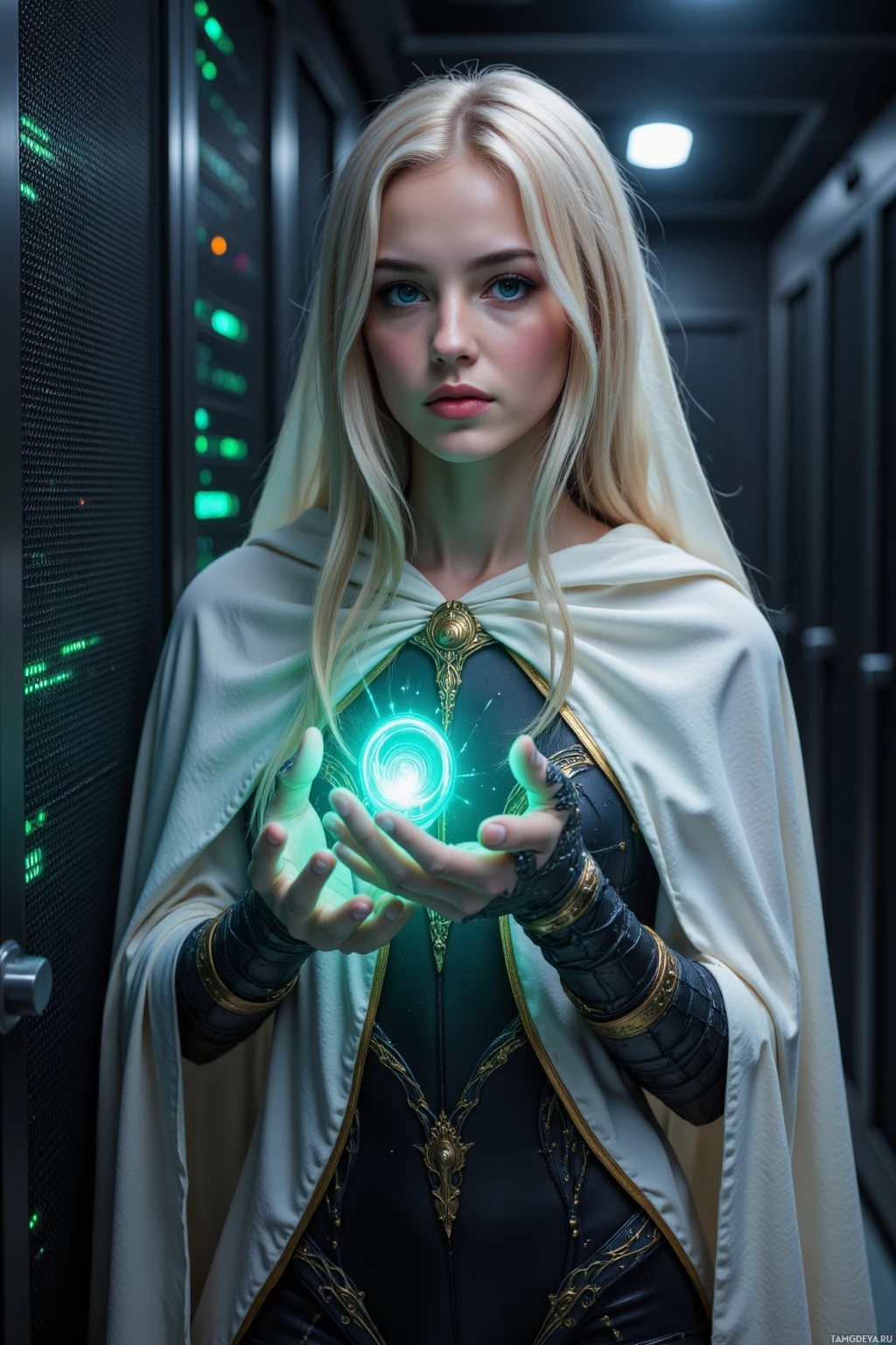 Realistic high quality photo. Woman, 28, long blonde hair, glowing blue‑green irises, pale skin, metallic scales on forearms, wearing a flowing white cloak over an intricately patterned dark jumpsuit, standing amid humming server racks in a dimly lit data center, methodically tracing flickering digital echoes with her eyes.