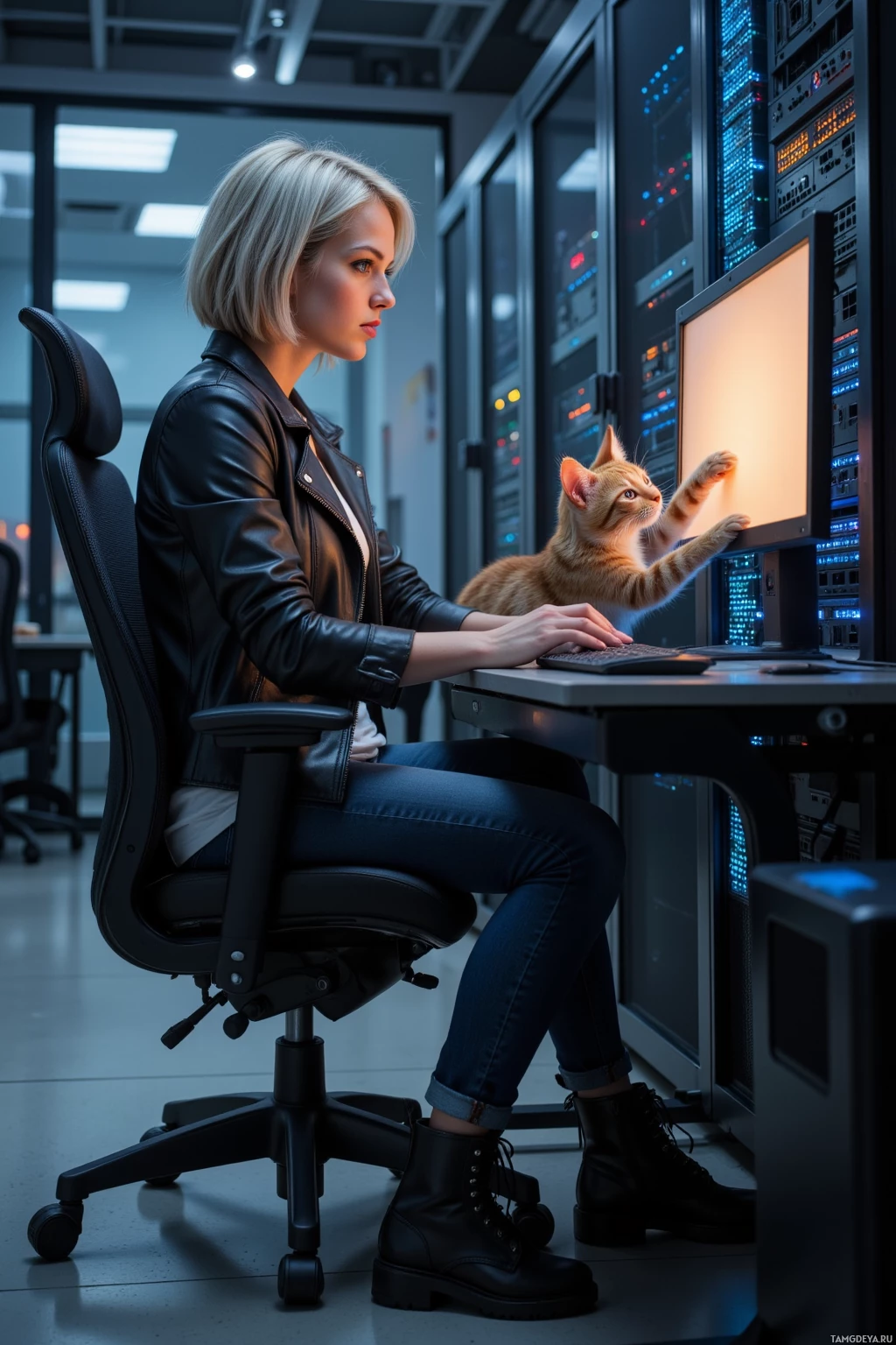 Realistic high quality photo. Female data guardian, 32, short silver hair, blue eyes, wearing a black leather jacket, white shirt, dark jeans, sturdy boots, sits at a modern server room desk at dawn, typing on a glowing monitor while a curious cat pawes at the screen, surrounded by racks of server equipment and blinking LED panels, her expression focused yet slightly amused.