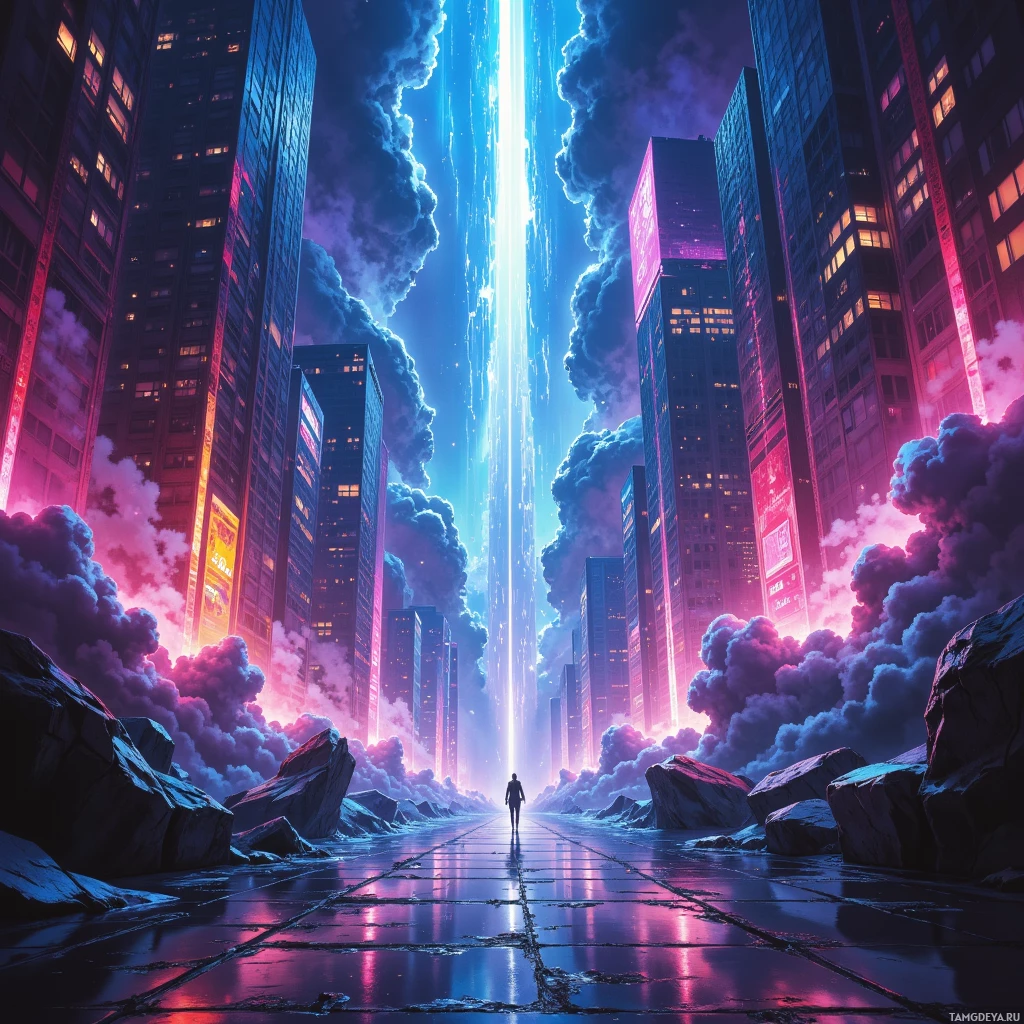 Semi-abstract image with many empty light space at center of beautiful background, that is suitable for the post:  The city’s neon buzz feels like a drumbeat, urging me to leap over concrete clouds.