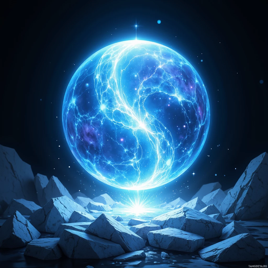 Semi-abstract image with many light, that is suitable for the post:  Translucent moonstone sphere hovering with a gentle blue halo, etched iridescent runes shifting under touch, subtle vibration ripples, and a faint hidden solar cell glow beneath the crystal.