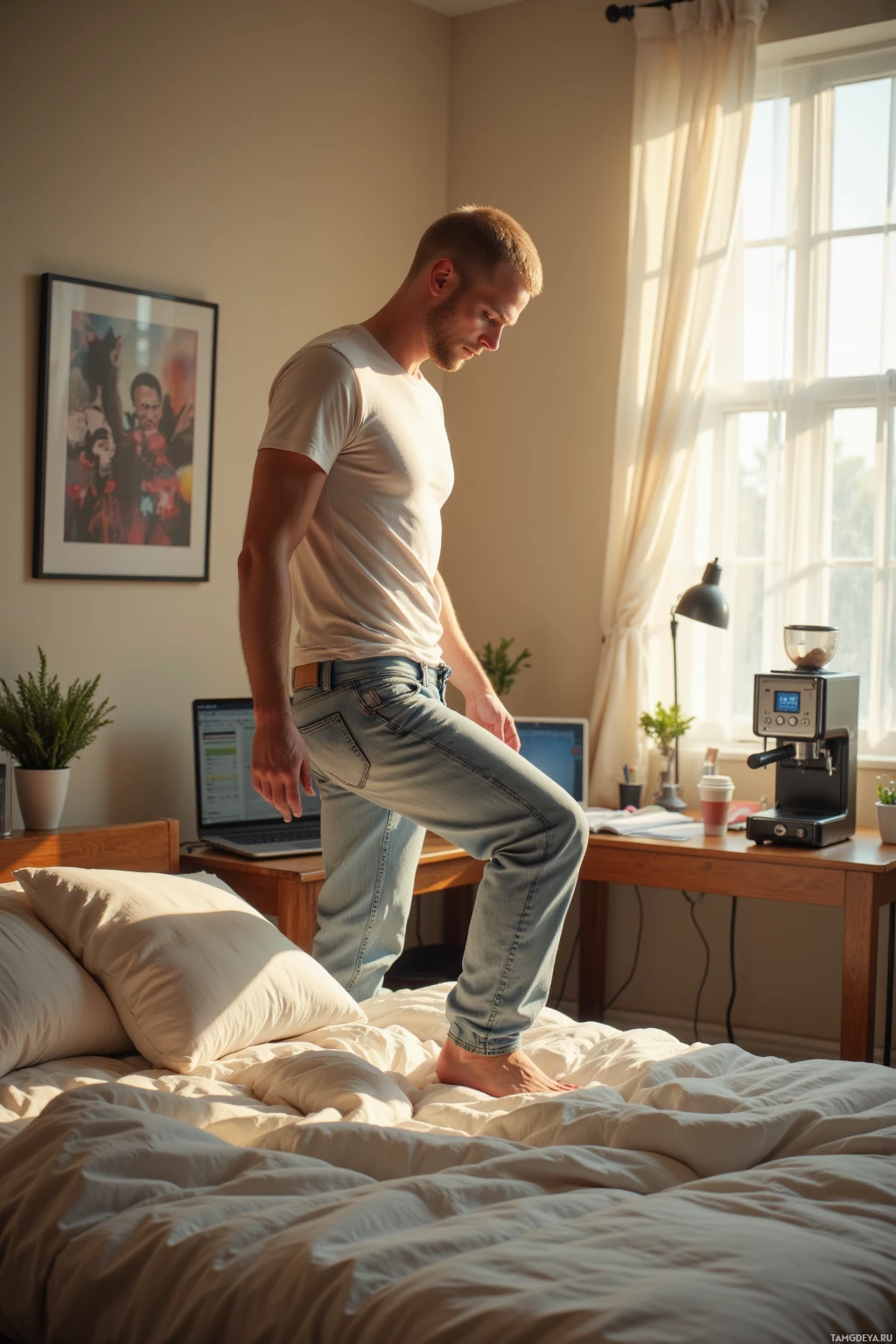 Realistic high quality photo. A 30‑year‑old pale‑skinned man with shaved blonde hair and blue eyes, in a fitted white t‑shirt and light jeans, stands at a sunlit bed in his bedroom, meticulously deciding foot placement before getting up, while a coffee machine doubled as a data logger displays milliseconds on a small screen, and a nearby desk holds a spreadsheet and Monte Carlo simulation, all bathed in early sunrise light.