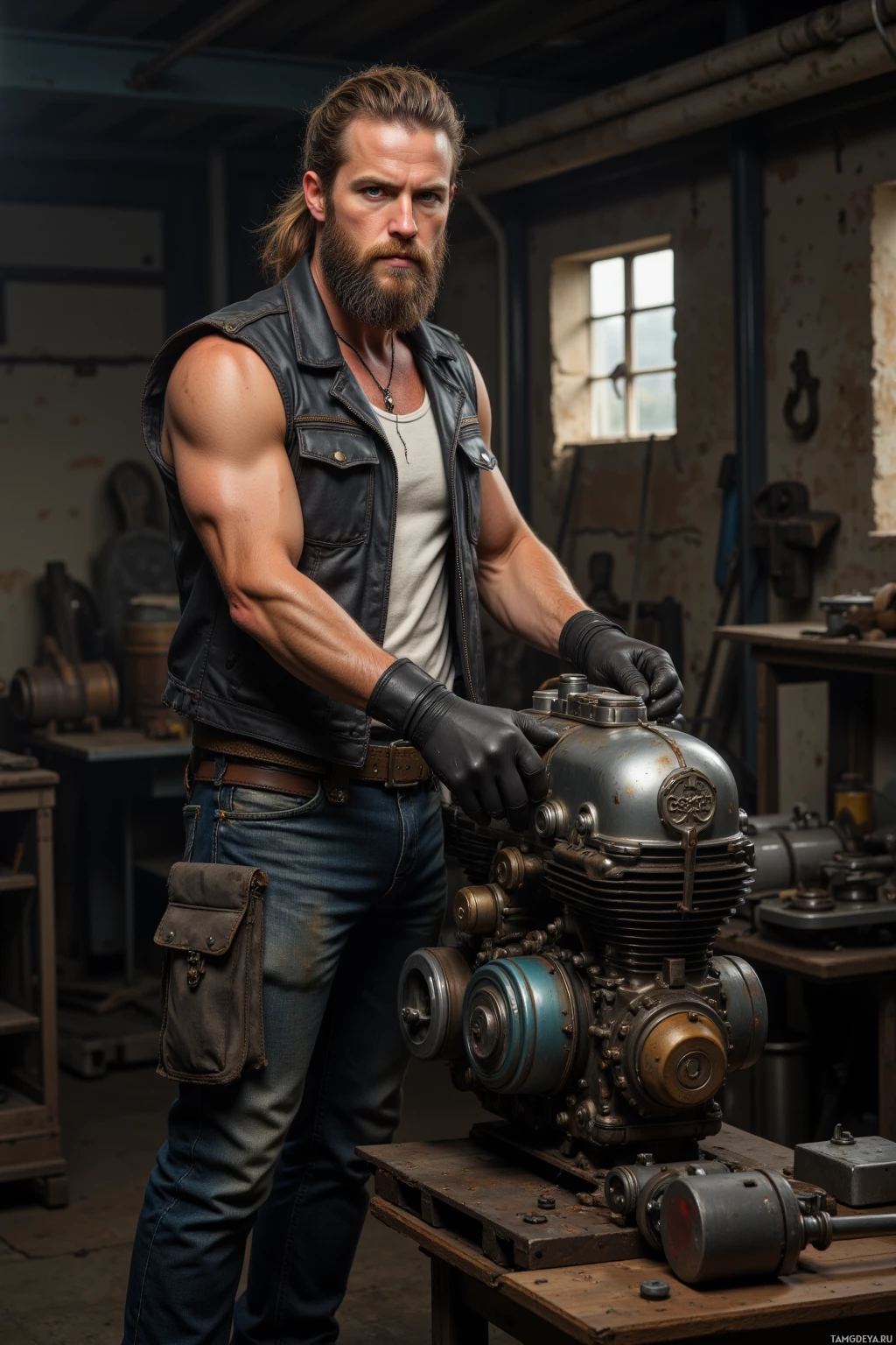 Realistic high quality photo. 35‑year‑old male mechanic with rugged beard and long light brown ponytail, blue eyes, pale skin, wearing leather vest over plain white tank top and rugged motorcycle boots, standing in a dim workshop at late afternoon glow, tightening worn metal gears on an engine while other tools and mechanical parts lean against the walls.