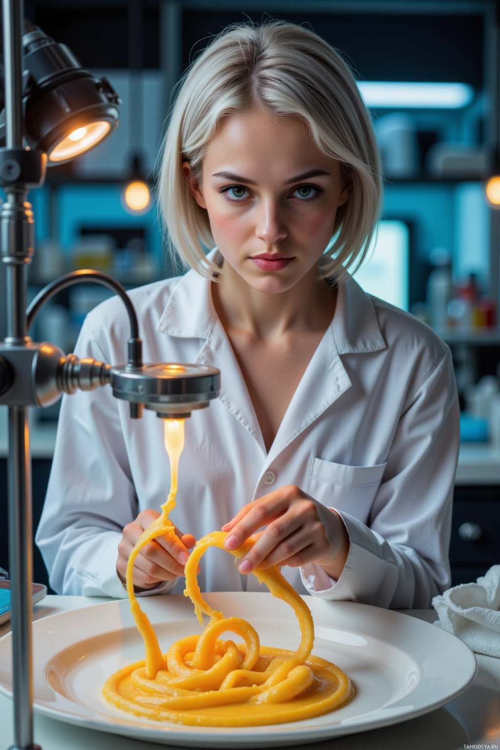 Realistic high quality photo. 28‑year‑old woman with short silver hair, deep green eyes, pale radiant skin, wearing a holographic lab dress, intensely focused on a lab bench where a decoherence bubble surrounds a half‑fried cheese topping forming a Möbius strip of quantum bacterial spirochetes, illuminated by a rogue photon from overhead lights.