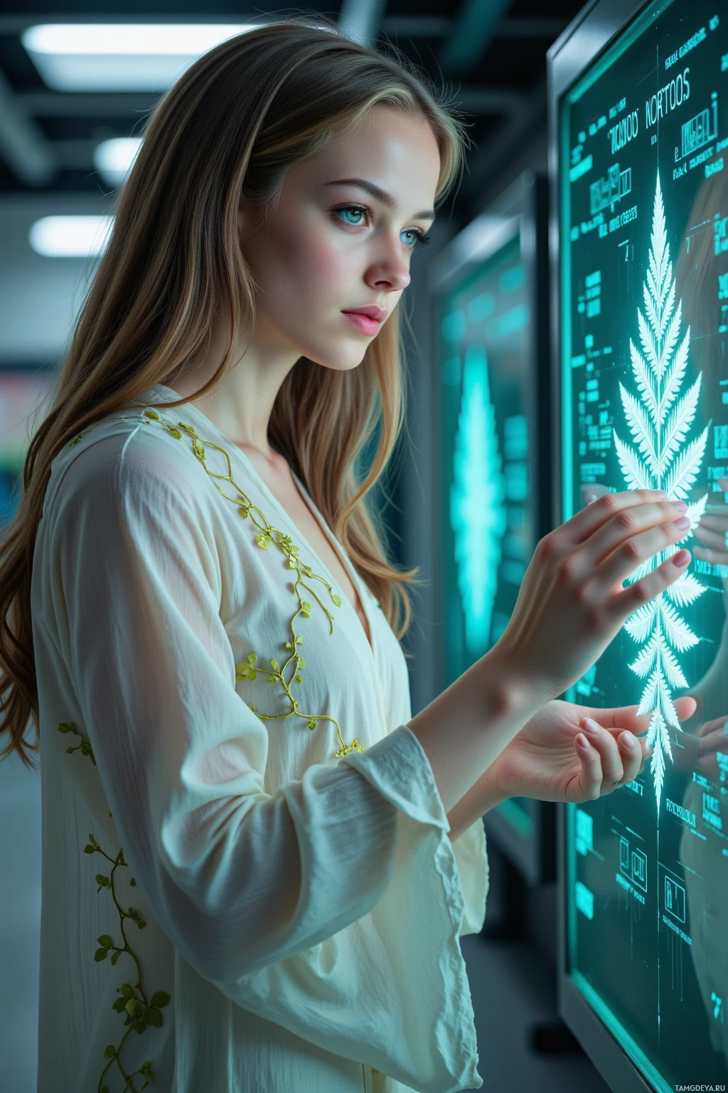 Realistic high quality photo. 26-year-old female scientist with long light brown vine-like hair and soft green eyes, pale skin, wearing a flowing dress of delicate petals fused with integrated circuits, stands in a quiet futuristic laboratory under sensor lights, gazing at a glowing fern vein pattern on the wall that pulses like code while her hands hover over holographic algorithmic overlays.