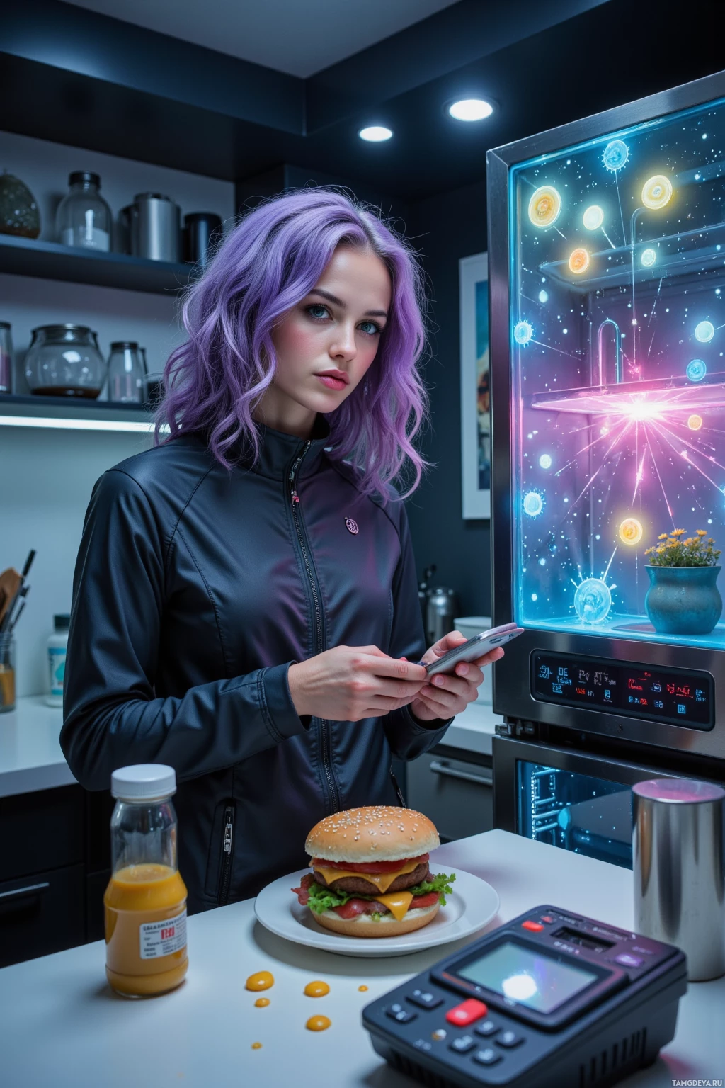 Realistic high quality photo. A 23‑year‑old woman with curly purple hair, bright blue eyes and pale skin in a sleek space-themed jacket stands in a chrome‑finished laboratory kitchen, calibrating an interstellar thermostat with a pocket calculator while a holographic office printer projects floating images; beside her a silver smart fridge erupts with animated plasma chips forming a minor rebellion as she mistakenly uses them instead of mustard on a sizzling sandwich that emits faint lullaby vibrations, all illuminated by subtle ambient glow in the dimly lit cybernetic workspace.