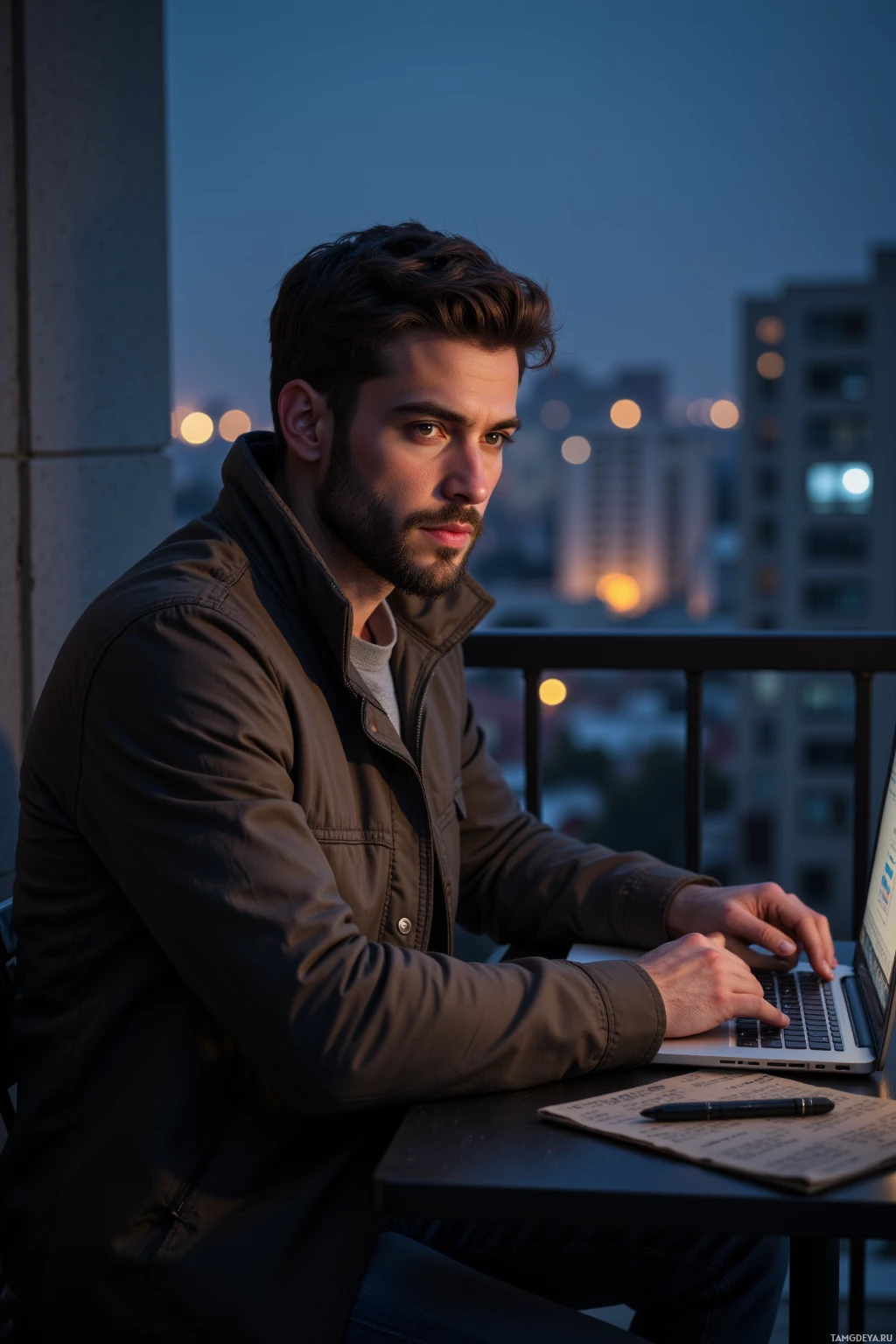 Realistic high quality photo. Late-night balcony overlooking an urban backdrop of distant city lights, a 33‑year‑old dark‑brown‑haired man with beard in a smart casual jacket sits at a small table, laptop open with blinking cursor, contemplative expression reflecting deep thought.