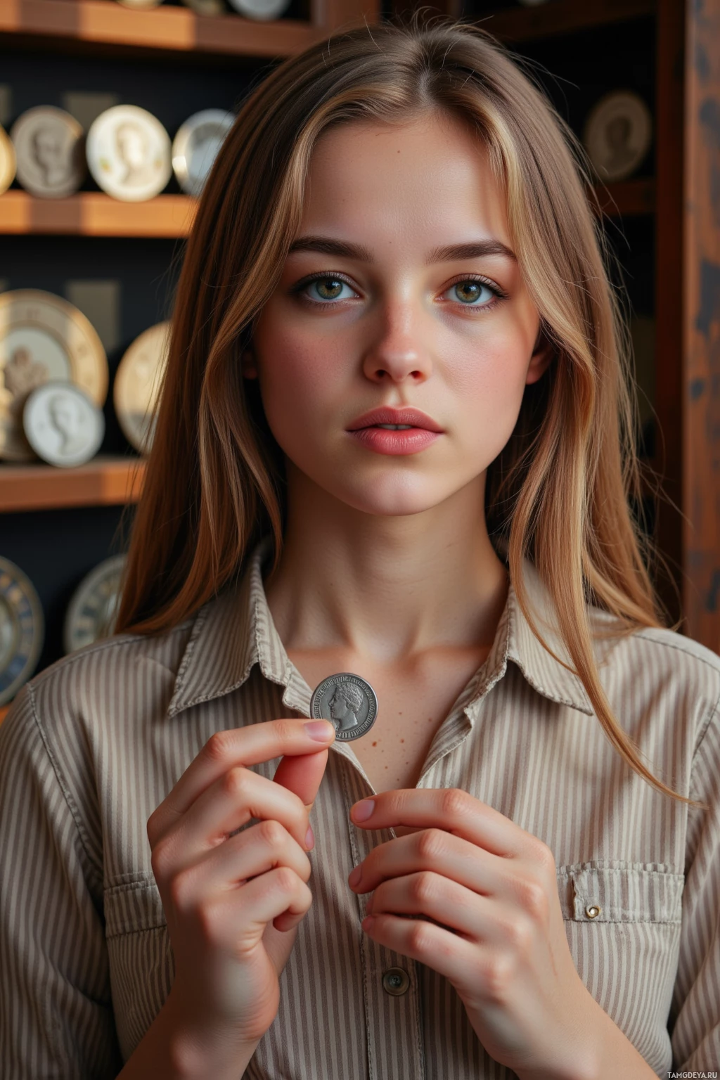 Realistic high quality photo. A 41‑year‑old woman with long light brown hair and blue eyes in a vintage striped blouse, carefully examining a 1870 silver coin under a magnifying glass amid shelves of old coins in an antique shop bathed in warm afternoon light.