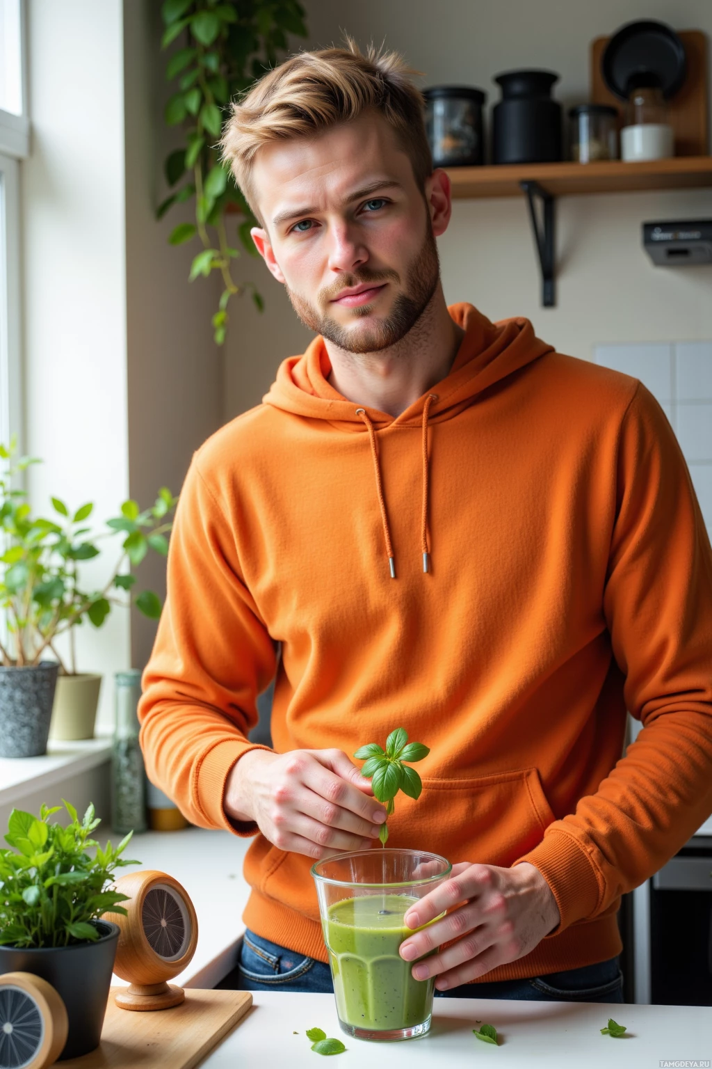 Realistic high quality photo. A relaxed 26‑year‑old man with short light blonde hair, soft blue‑green eyes, wearing an orange hoodie gently trimming basil on a sunlit windowsill in a modern kitchen while a small solar herb cube sits beside a glass and he blends a green smoothie of kale, cucumber, and coconut water, sipping slowly.