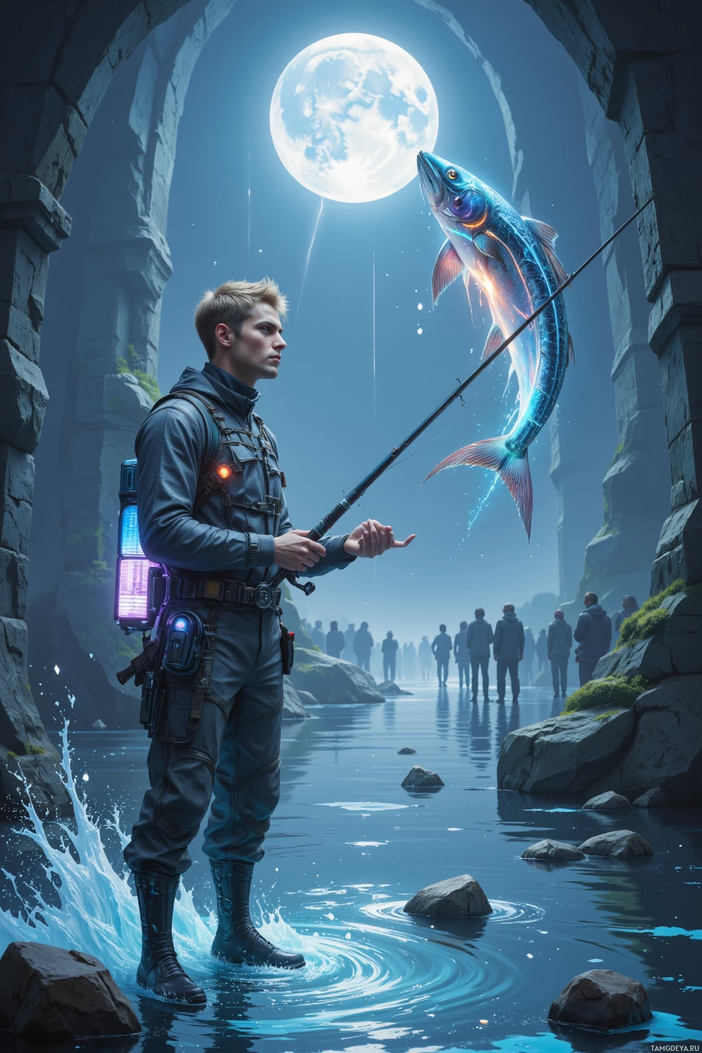 Realistic high quality photo. Male, 29, light brown hair, blue eyes, pale skin, sharp jawline, wearing a sleek futuristic fisherman's jacket and waders, holding a cybernetic fishing rod with glowing holographic lure pack, standing on a silver holo‑river beneath moonlit servers, chasing an ethereal AI glitch fish while the stream crowd gasps, with ambient data ripples swirling.