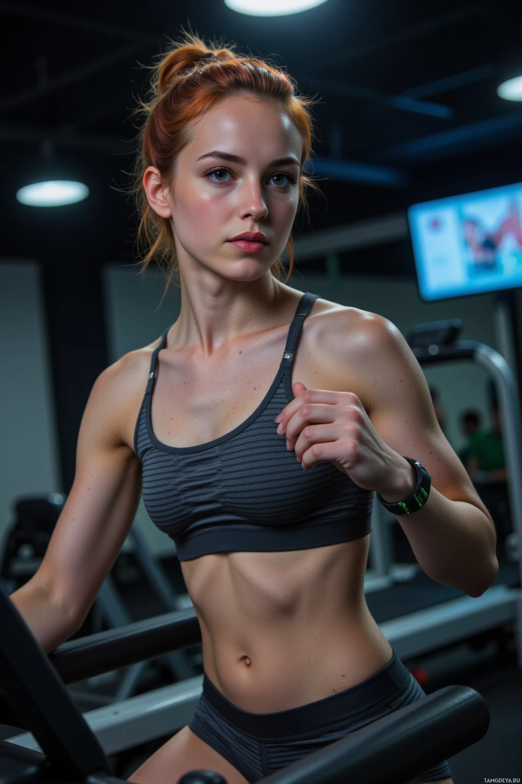 Realistic high quality photo. Female fitness trainer, 26, fiery red hair in messy bun, bright green eyes, wearing a sleeveless striped top and matching shorts, pausing on a treadmill inside a dimly lit gym at night while holding a glowing sensor wristband that displays workout data, reflecting intense yet mindful training energy, realistic style