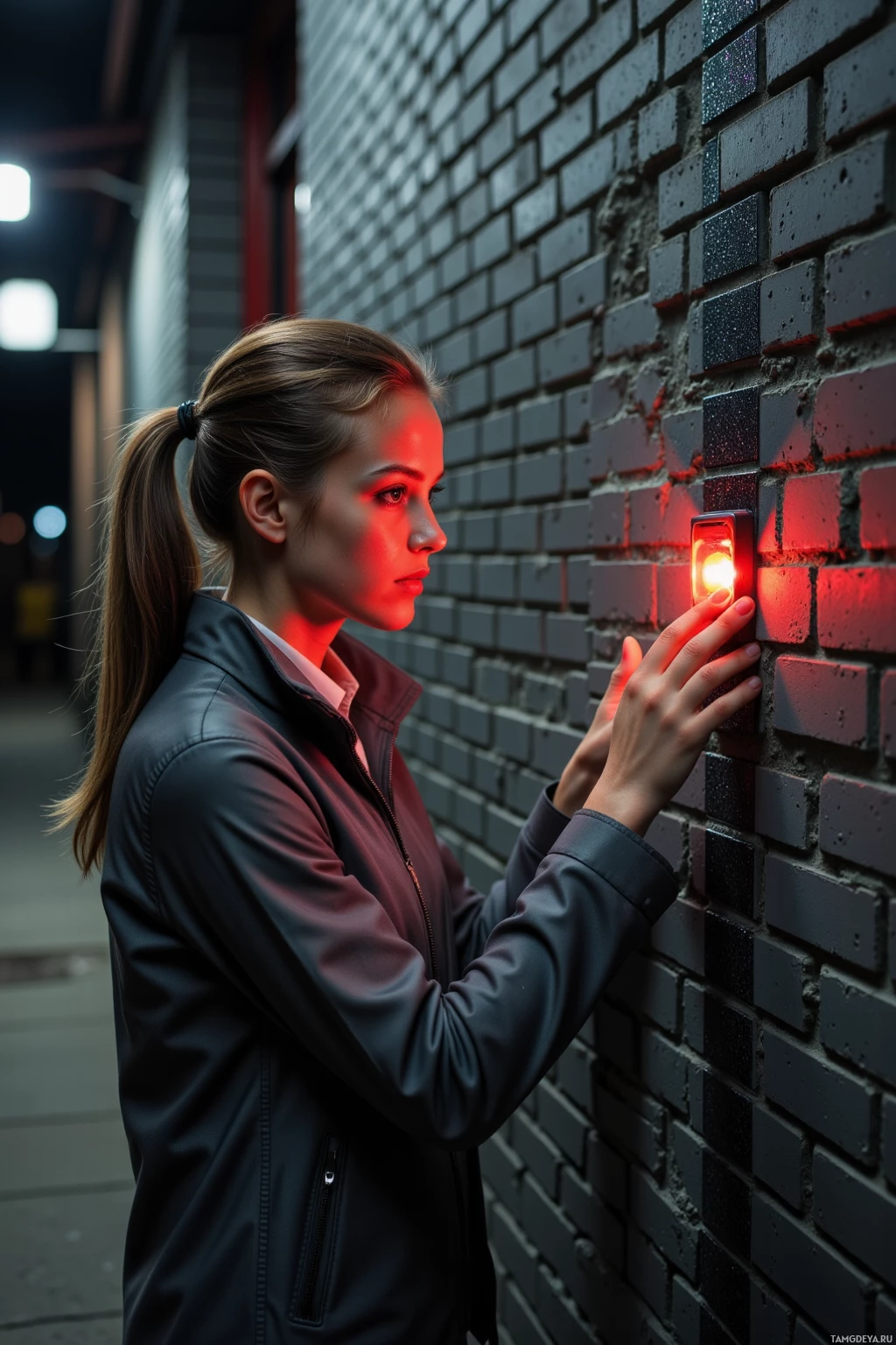Realistic high quality photo. Woman, 27, light brown ponytail, green eyes, wearing a charcoal gray tactical jacket over a pale shirt, standing in a brick alley behind a laundromat at 3 a.m., inspecting an infrared sensor on a wall painted in matte gray that blends into the brick, flickering streetlights casting deep shadows, a carbon fiber strip on the wall absorbing glare, her posture calm and quietly intense.