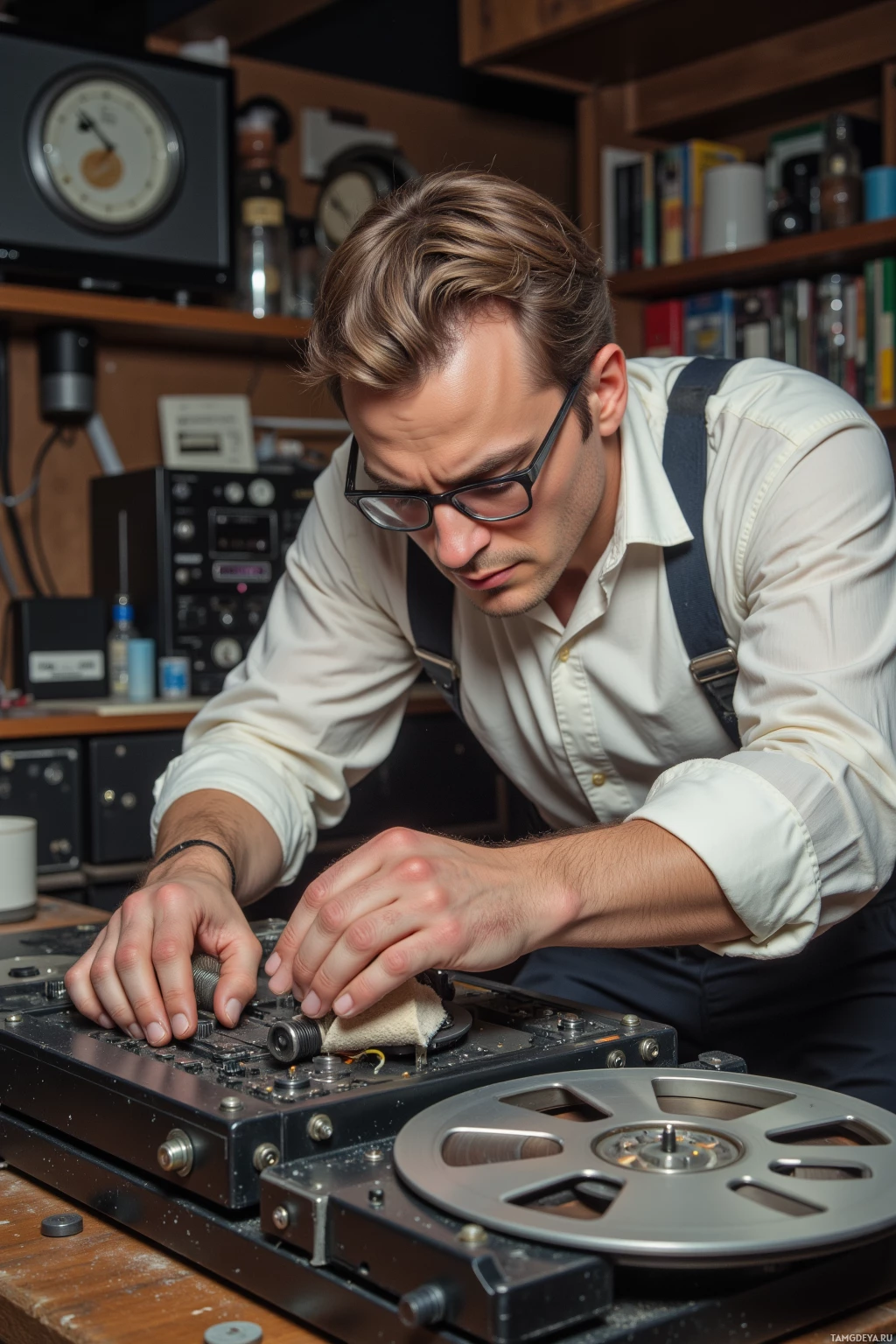 Realistic high quality photo. Male, 42, short light brown hair, blue eyes, thick black‑rimmed glasses, white dress shirt rolled up sleeves, tightening a spring on a 1970s reel‑to‑reel tape player in a cluttered home workshop, cleaning tape heads with a soft cloth while dust motes drift, focused and slightly twitchy, reflecting meticulous obsession with analog mechanics.
