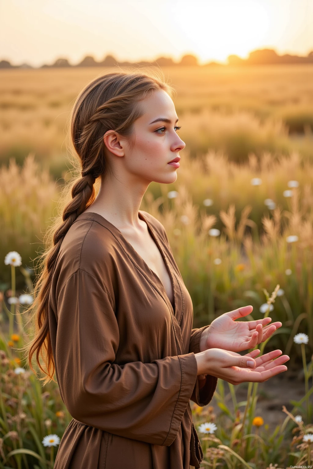 Realistic high quality photo. A serene 28‑year‑old woman with long dark‑blonde braided hair, deep brown eyes, high cheekbones, and full lips, wearing flowing earth‑toned organic robes, stands in a sunlit meadow at sunrise, surrounded by crushed sage and a quiet circle of moonflower petals, her palms open as she breathes softly, whispering gratitude to the hidden cracks in the earth.