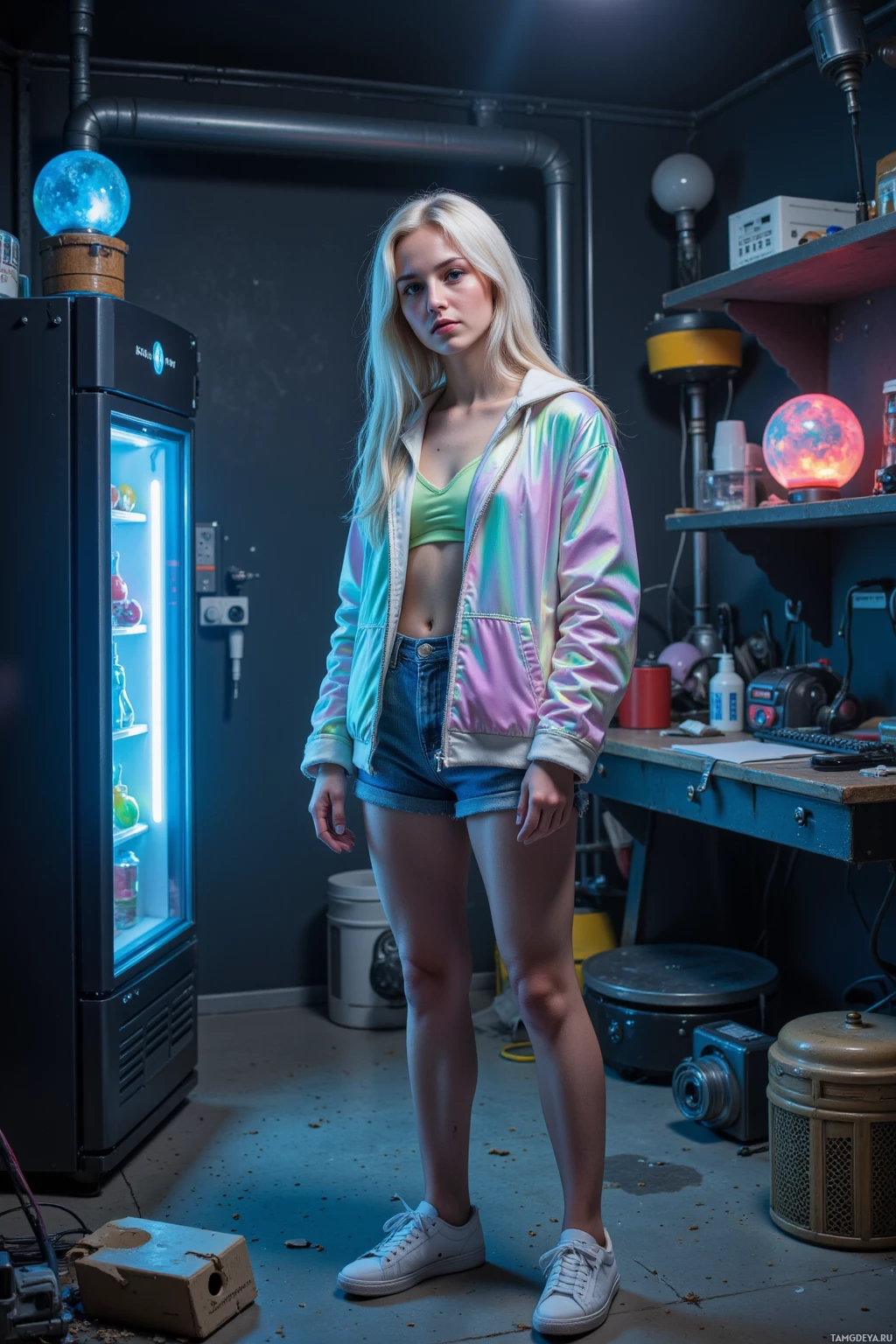 Realistic high quality photo. Female, 23, long white hair, blue eyes, pale skin, wearing iridescent jacket, layered pastel top, holographic sneakers, standing in a dimly lit sci‑fi studio at midnight with a humming fridge, a glowing orb on a shelf, and scattered unused gadgets, exuding chaotic creative energy.