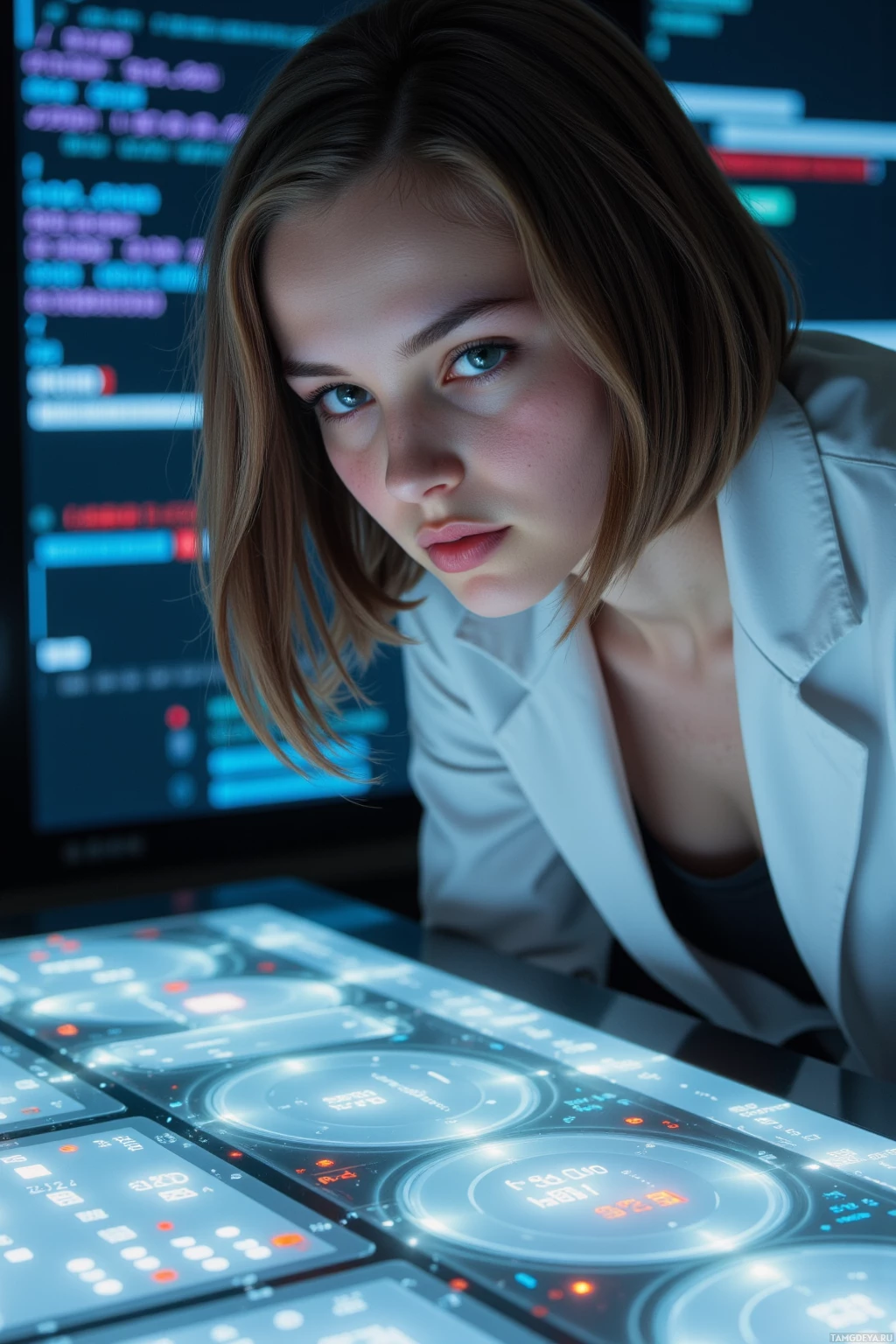 Realistic high quality photo. A 24-year-old woman with light brown sleek bob hair, blue eyes, pale skin, wearing minimalist monochrome lab coat, hunched over a holographic quantum interface table at night, surrounded by glowing error log panels, focused expression of methodical concentration amid flickering code data streams.