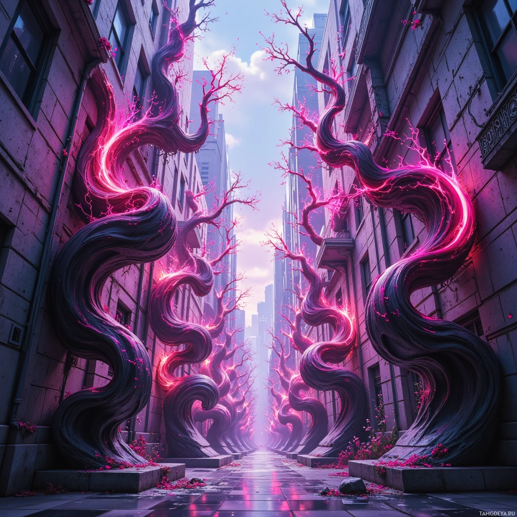 Semi-abstract image with many empty light space at center of beautiful background, that is suitable for the post:  Concrete cracks open, releasing neon vines that writhe across the city like rebellious graffiti.